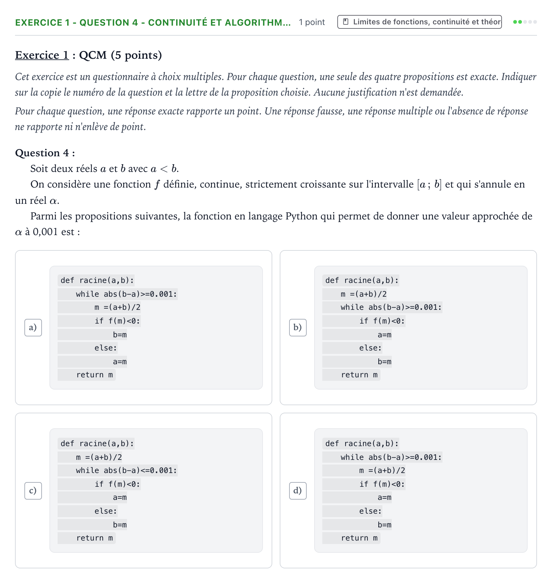 Énoncé: Exercice 1 - Question 4 - Continuité et algorithm… · Bac Mathématiques Centres étrangers (Afrique) 2023 (jour 1)