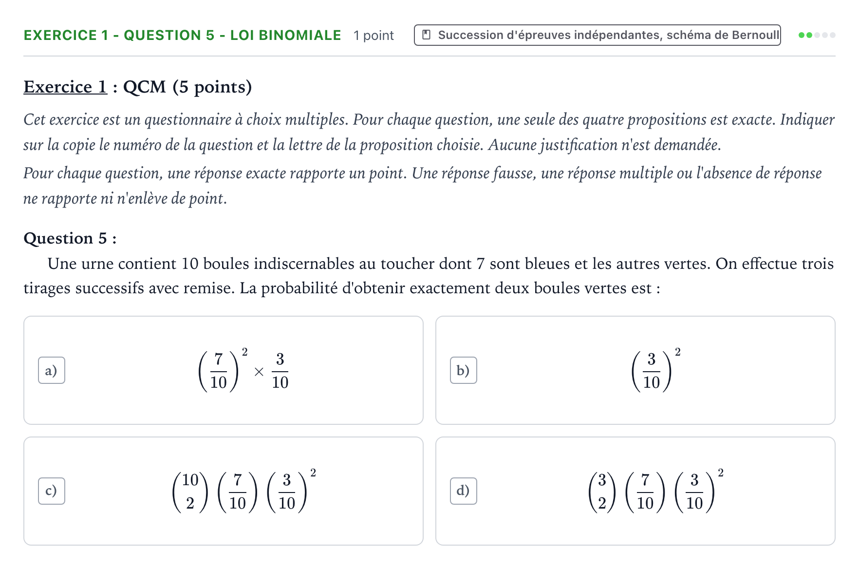 Énoncé: Exercice 1 - Question 5 - Loi binomiale · Bac Mathématiques Centres étrangers (Afrique) 2023 (jour 1)