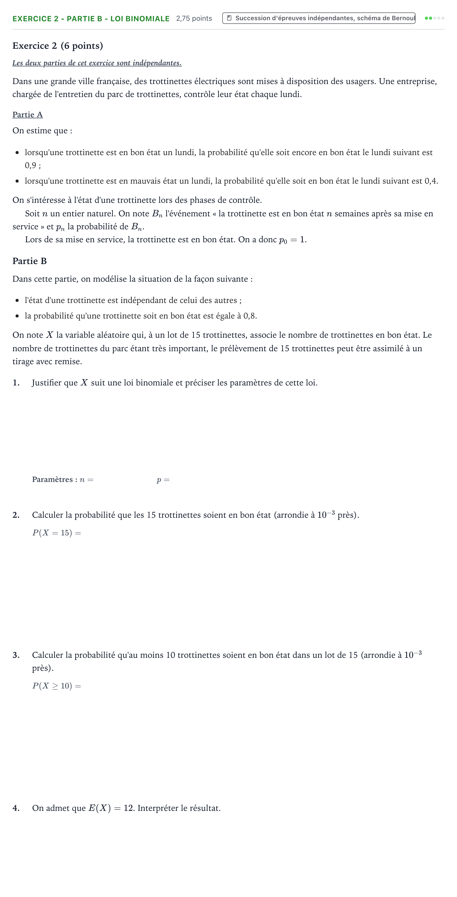 Énoncé: Exercice 2 - Partie B - Loi binomiale · Bac Mathématiques Centres étrangers (Afrique) 2023 (jour 1)