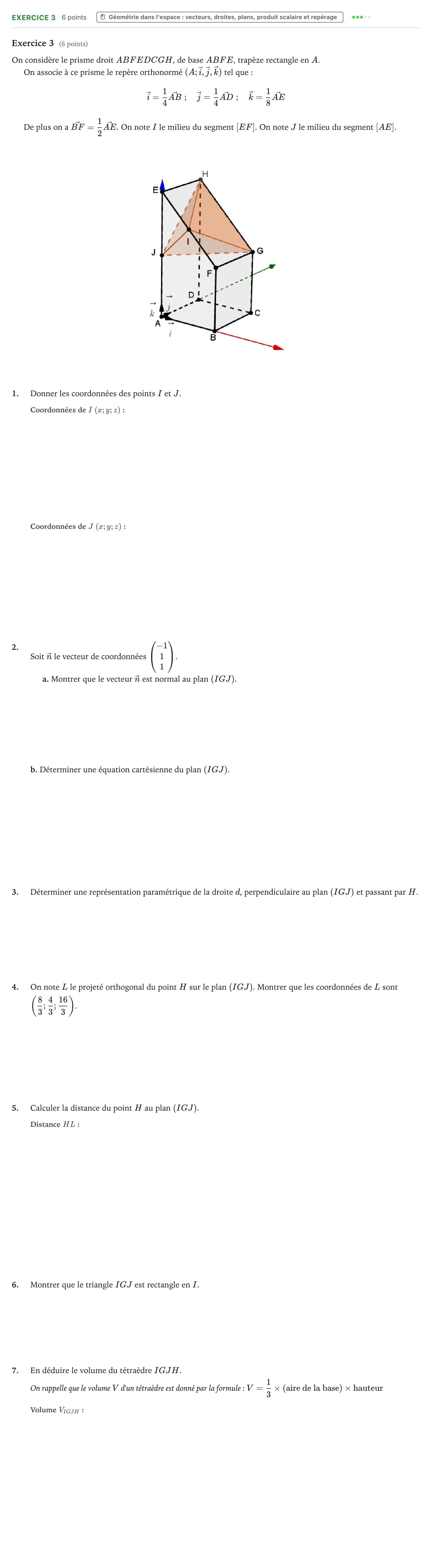 Énoncé: Exercice 3 - Géométrie dans l'espace · Bac Mathématiques Centres étrangers (Afrique) 2023 (jour 1)