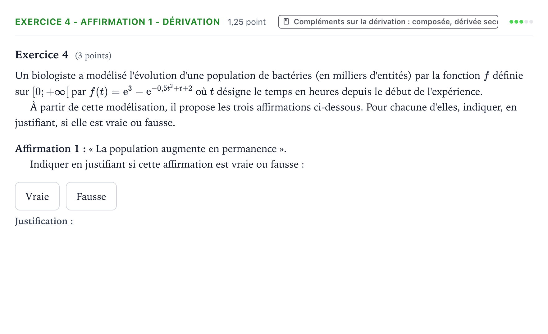 Énoncé: Exercice 4 - Affirmation 1 - Dérivation · Bac Mathématiques Centres étrangers (Afrique) 2023 (jour 1)