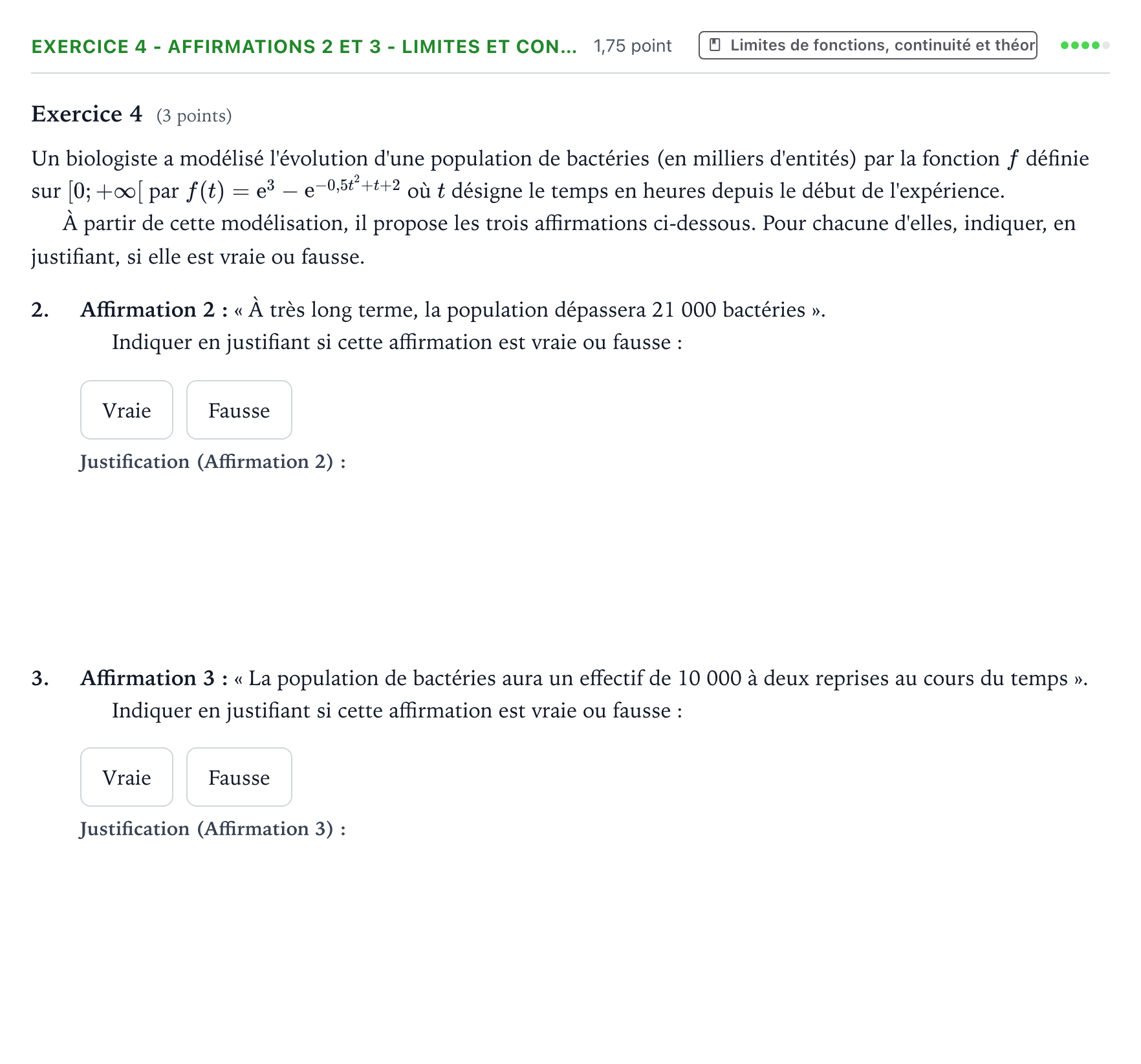 Énoncé: Exercice 4 - Affirmations 2 et 3 - Limites et con… · Bac Mathématiques Centres étrangers (Afrique) 2023 (jour 1)