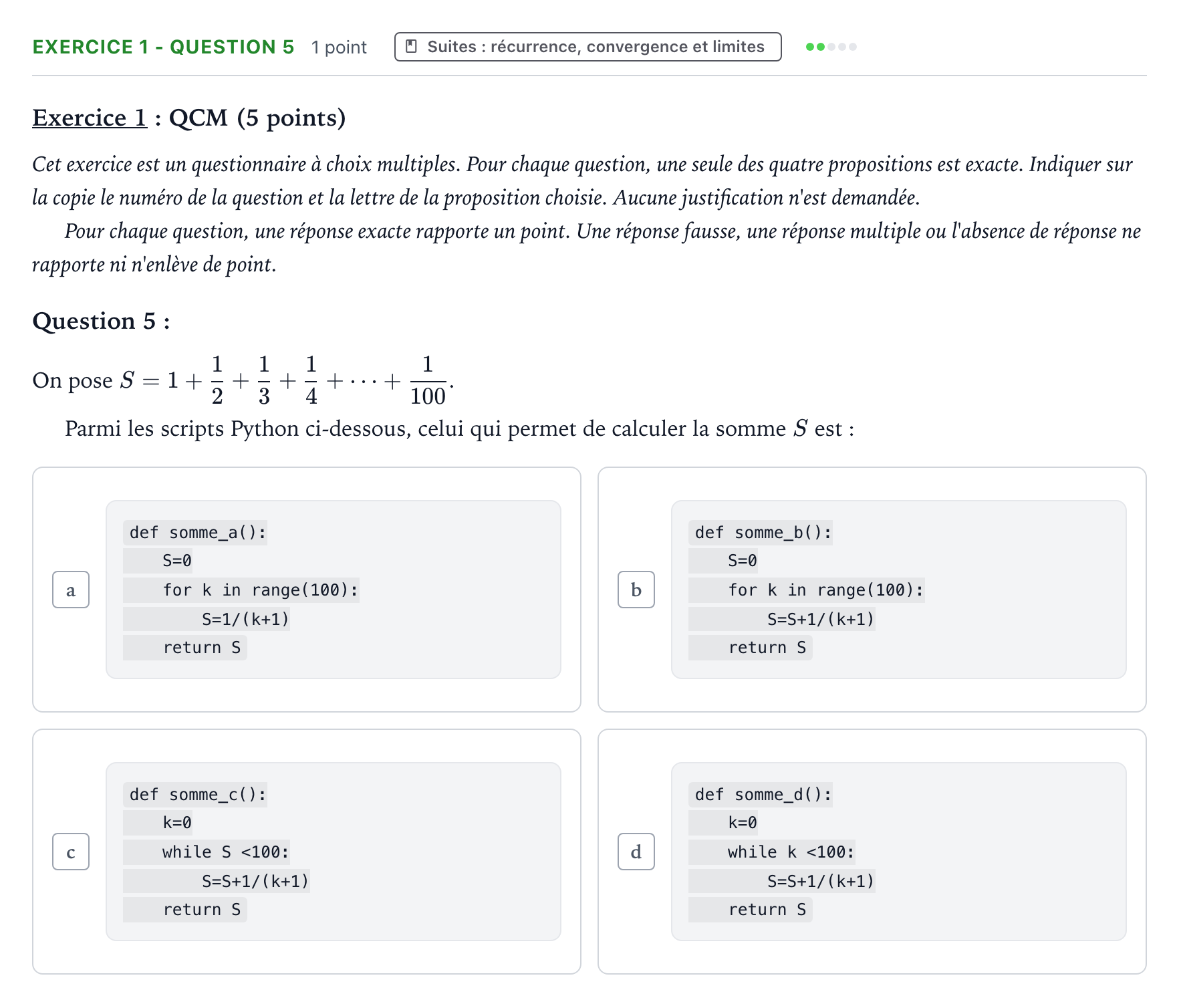 Énoncé: Exercice 1 - Question 5 · Bac Mathématiques Centres étrangers (Afrique) 2023 (jour 2)