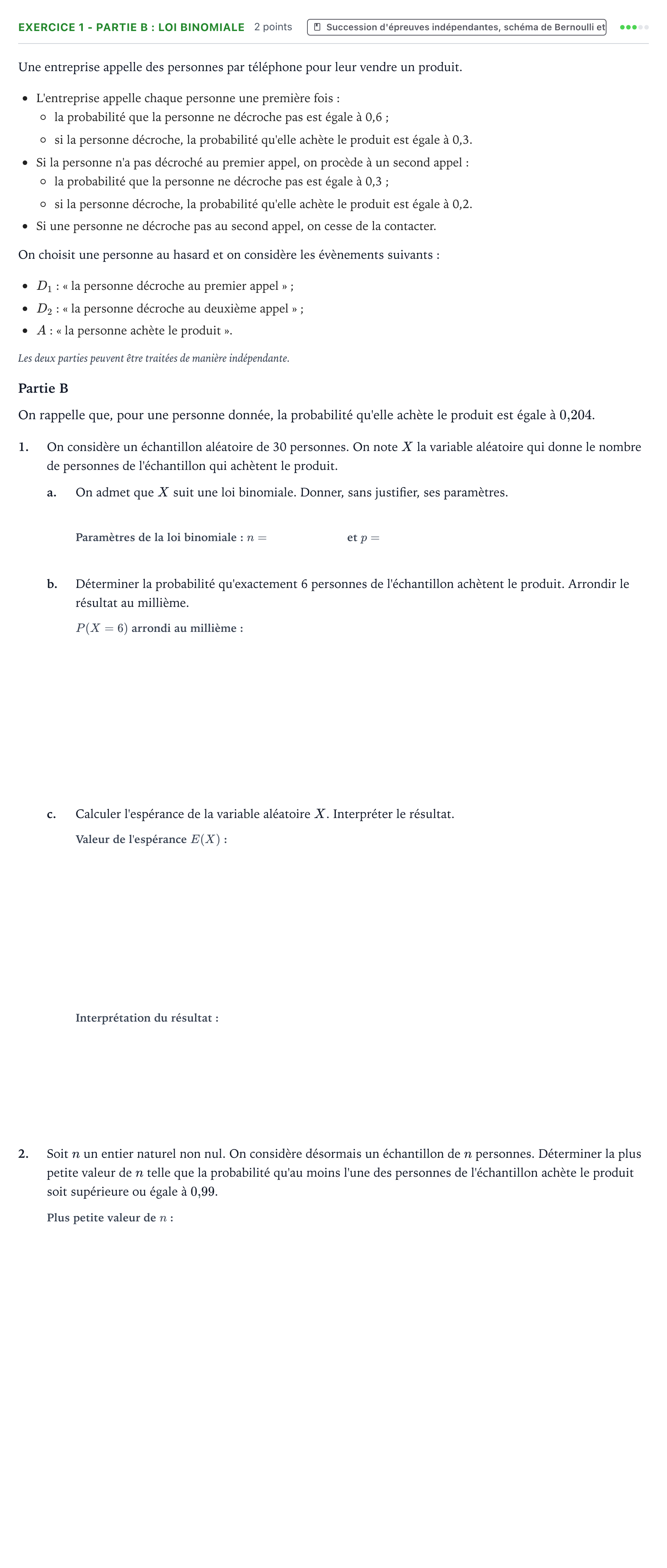 Énoncé: Exercice 1 - Partie B : Loi binomiale · Bac Mathématiques La Réunion 2023 (jour 1)