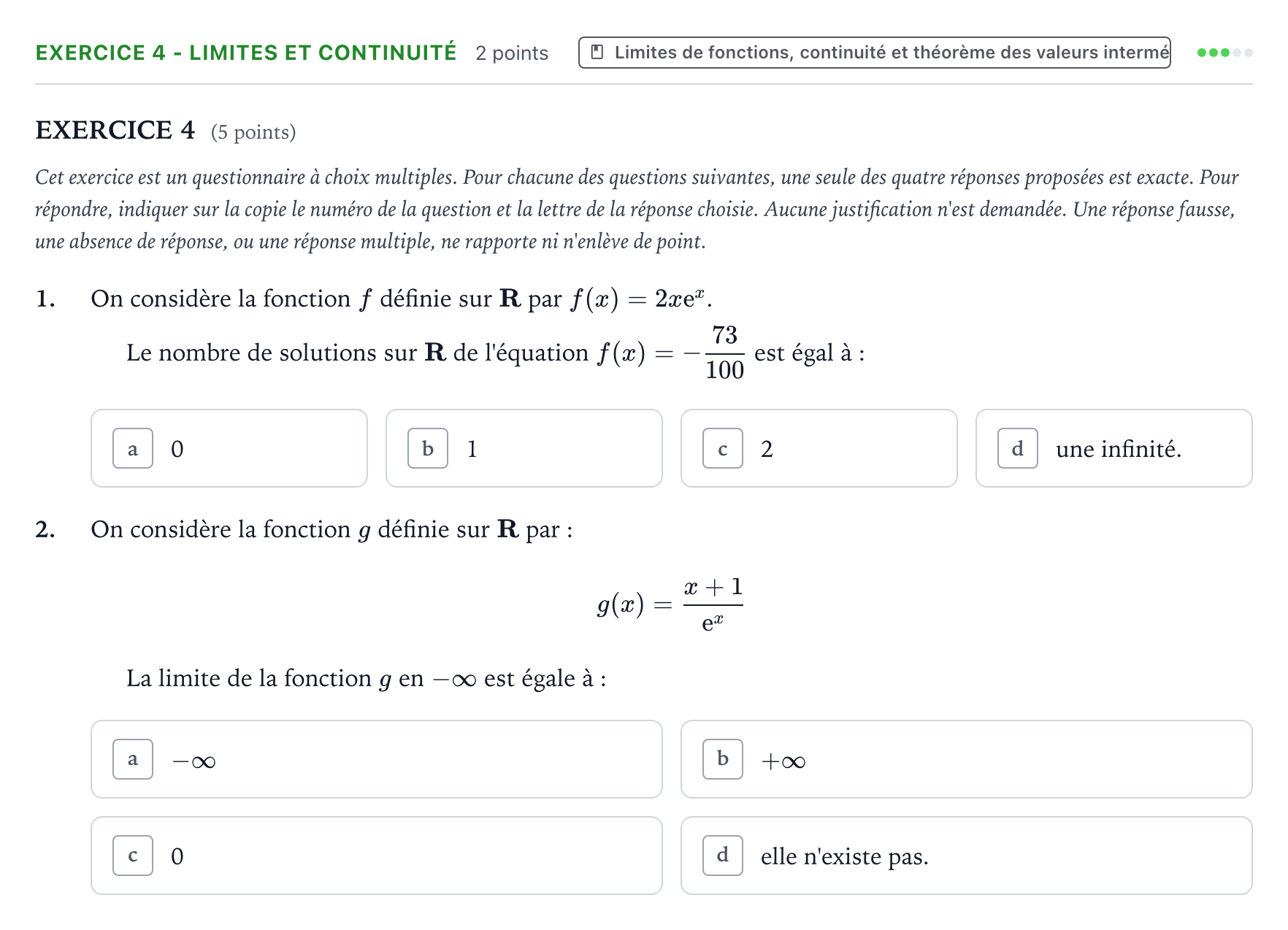 Énoncé: Exercice 4 - Limites et continuité · Bac Mathématiques La Réunion 2023 (jour 2)