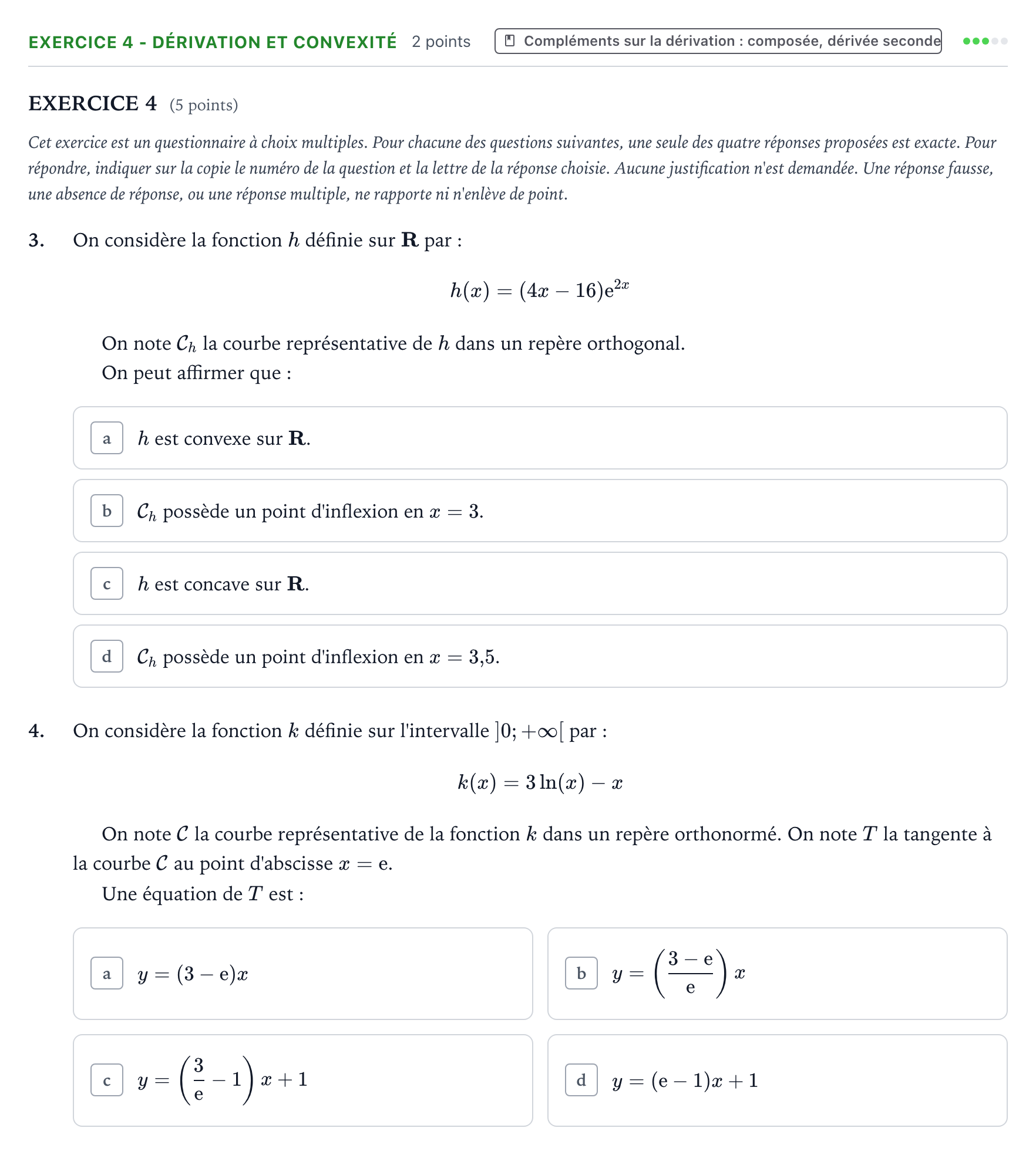 Énoncé: Exercice 4 - Dérivation et convexité · Bac Mathématiques La Réunion 2023 (jour 2)