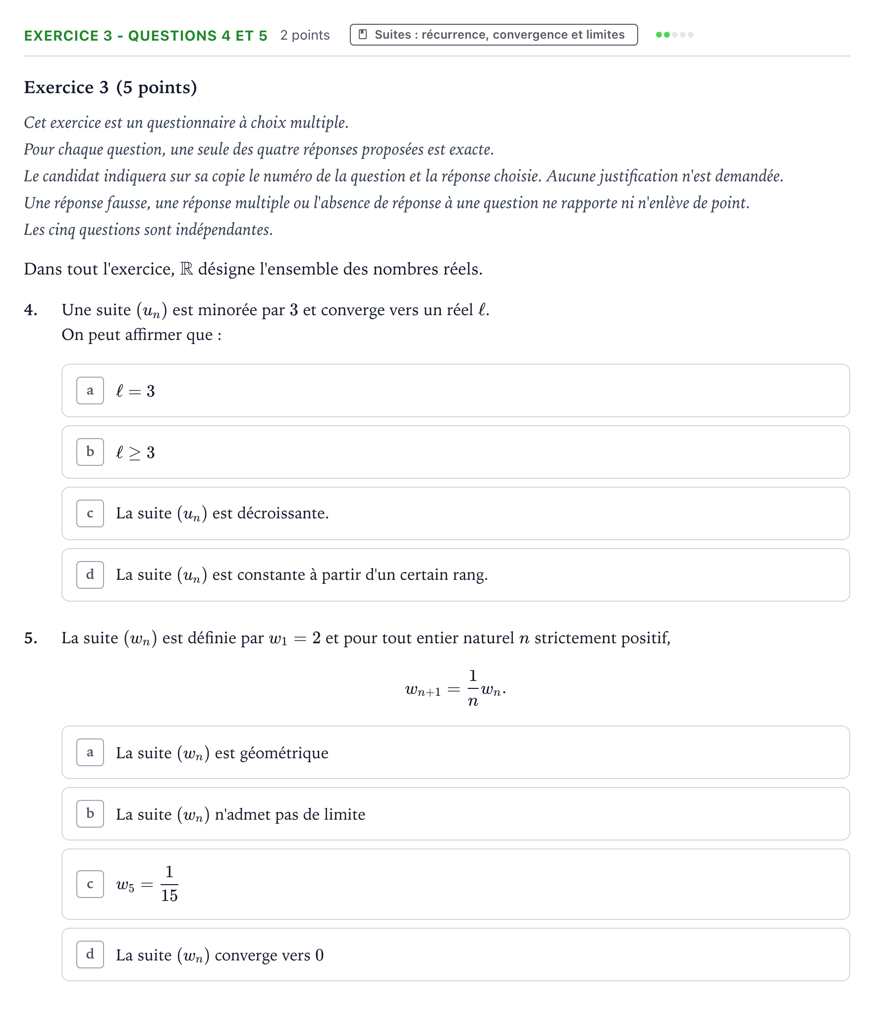 Énoncé: Exercice 3 - Questions 4 et 5 · Bac Mathématiques Liban 2023 (jour 1)