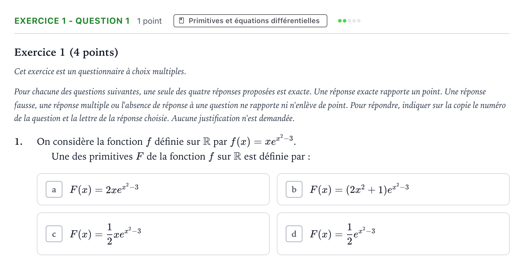 Énoncé: Exercice 1 - Question 1 · Bac Mathématiques Métropole 1 remplacement 2023