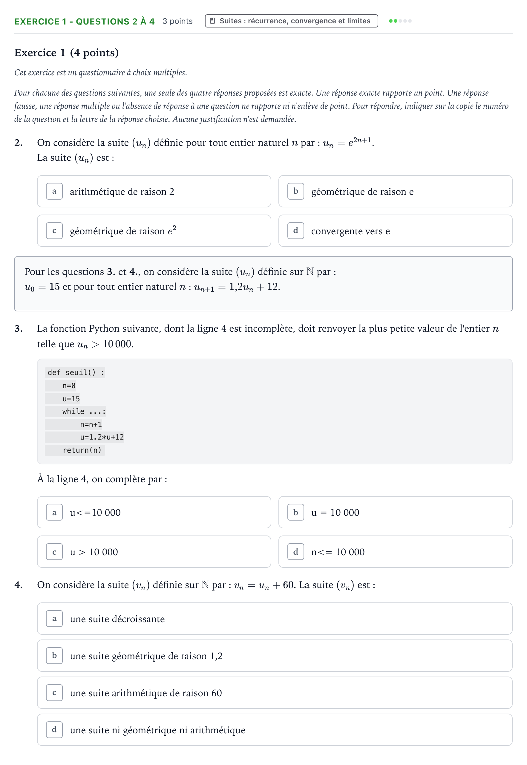 Énoncé: Exercice 1 - Questions 2 à 4 · Bac Mathématiques Métropole 1 remplacement 2023