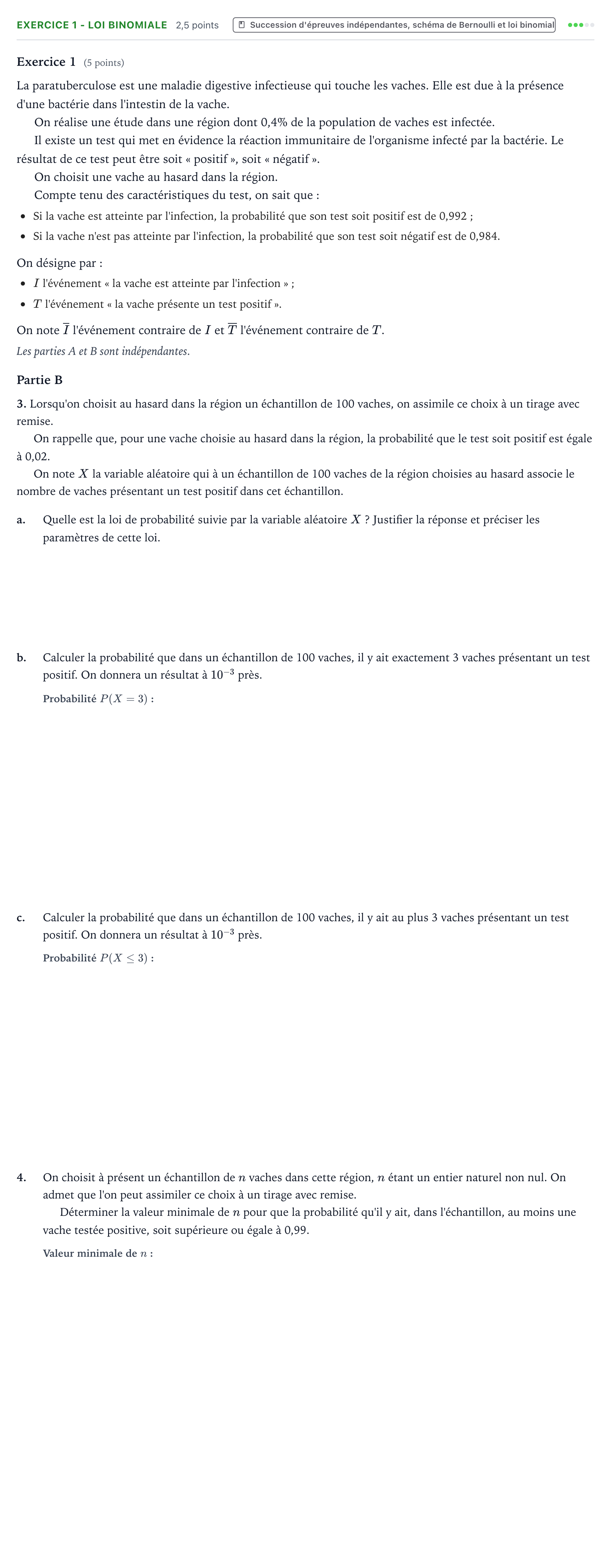 Énoncé: Exercice 1 - Loi binomiale · Bac Mathématiques Métropole 2 remplacement 2023