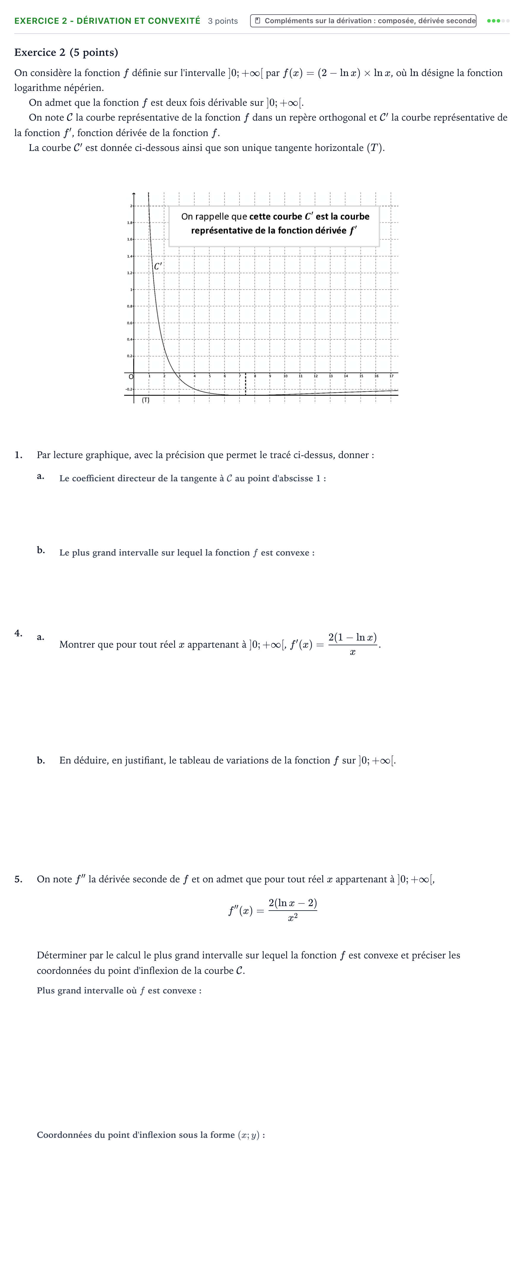 Énoncé: Exercice 2 - Dérivation et convexité · Bac Mathématiques Métropole 2 remplacement 2023