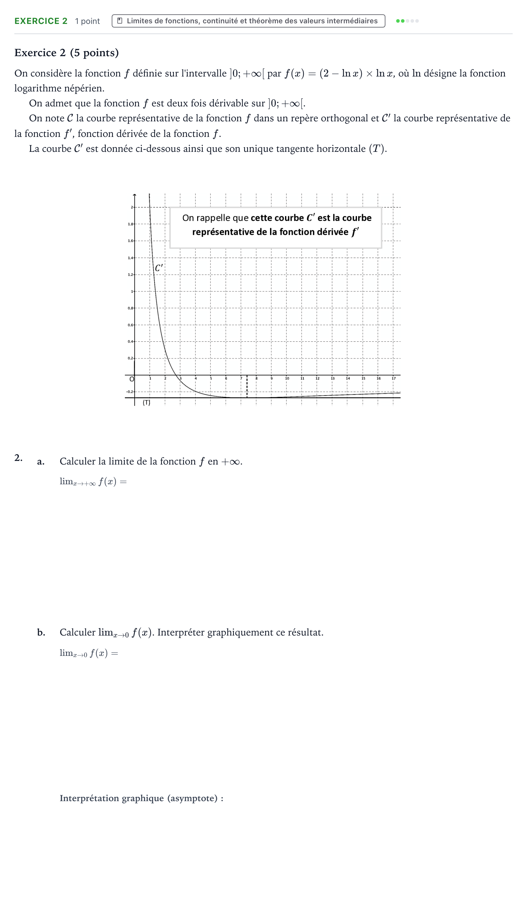 Énoncé: Exercice 2 - Limites · Bac Mathématiques Métropole 2 remplacement 2023