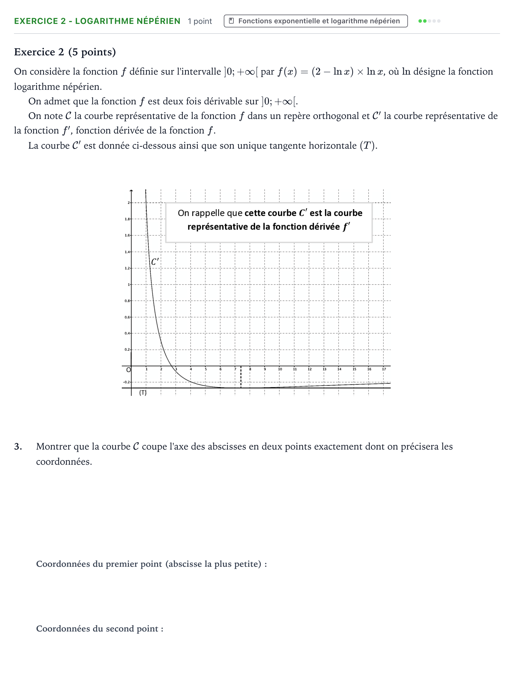 Énoncé: Exercice 2 - Logarithme népérien · Bac Mathématiques Métropole 2 remplacement 2023