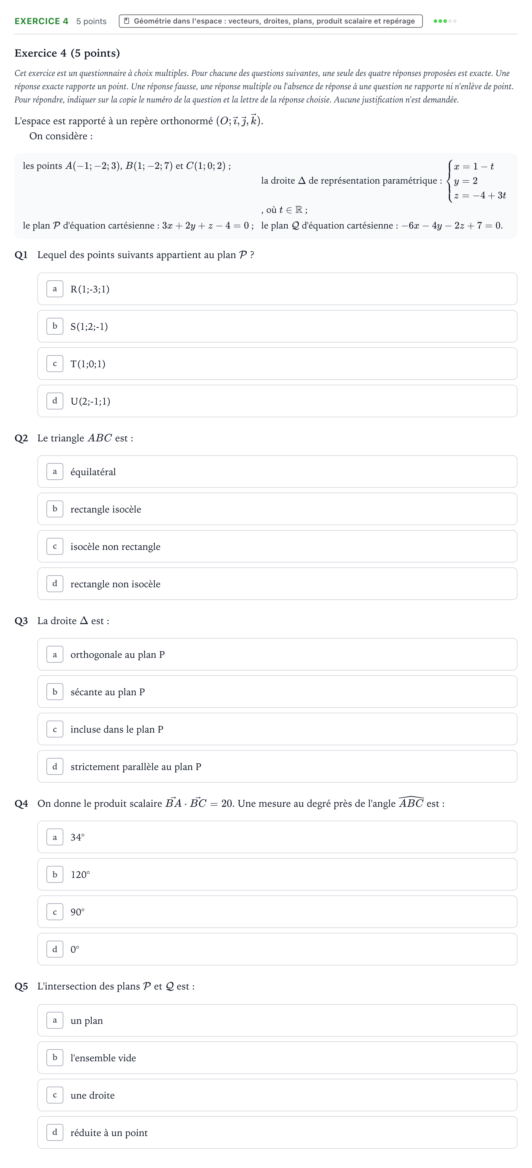 Énoncé: Exercice 4 · Bac Mathématiques Métropole 2 remplacement 2023