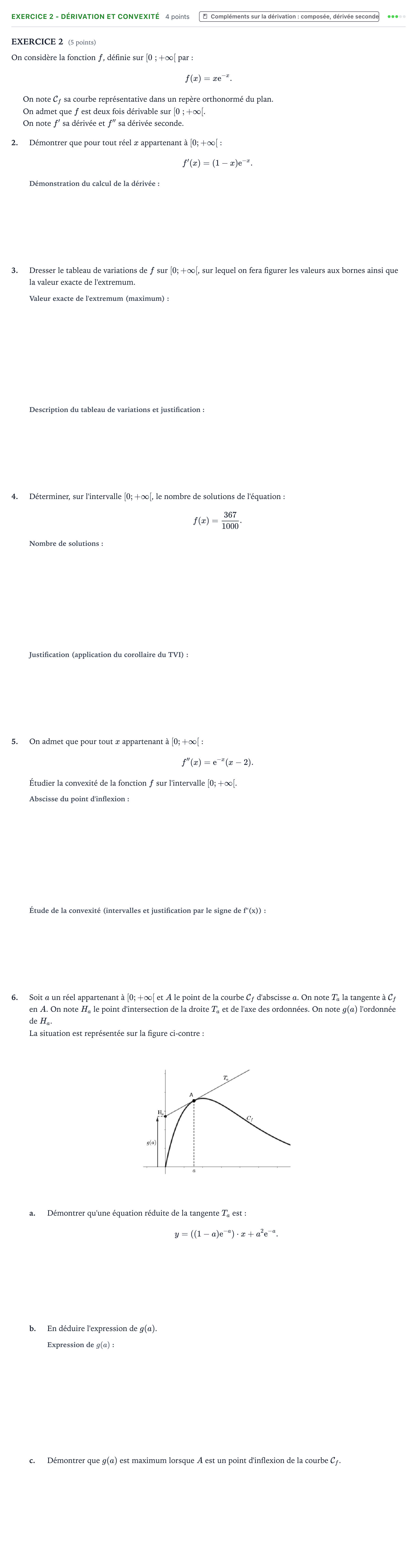 Énoncé: Exercice 2 - Dérivation et convexité · Bac Mathématiques Nouvelle-Calédonie 2023 (jour 2)