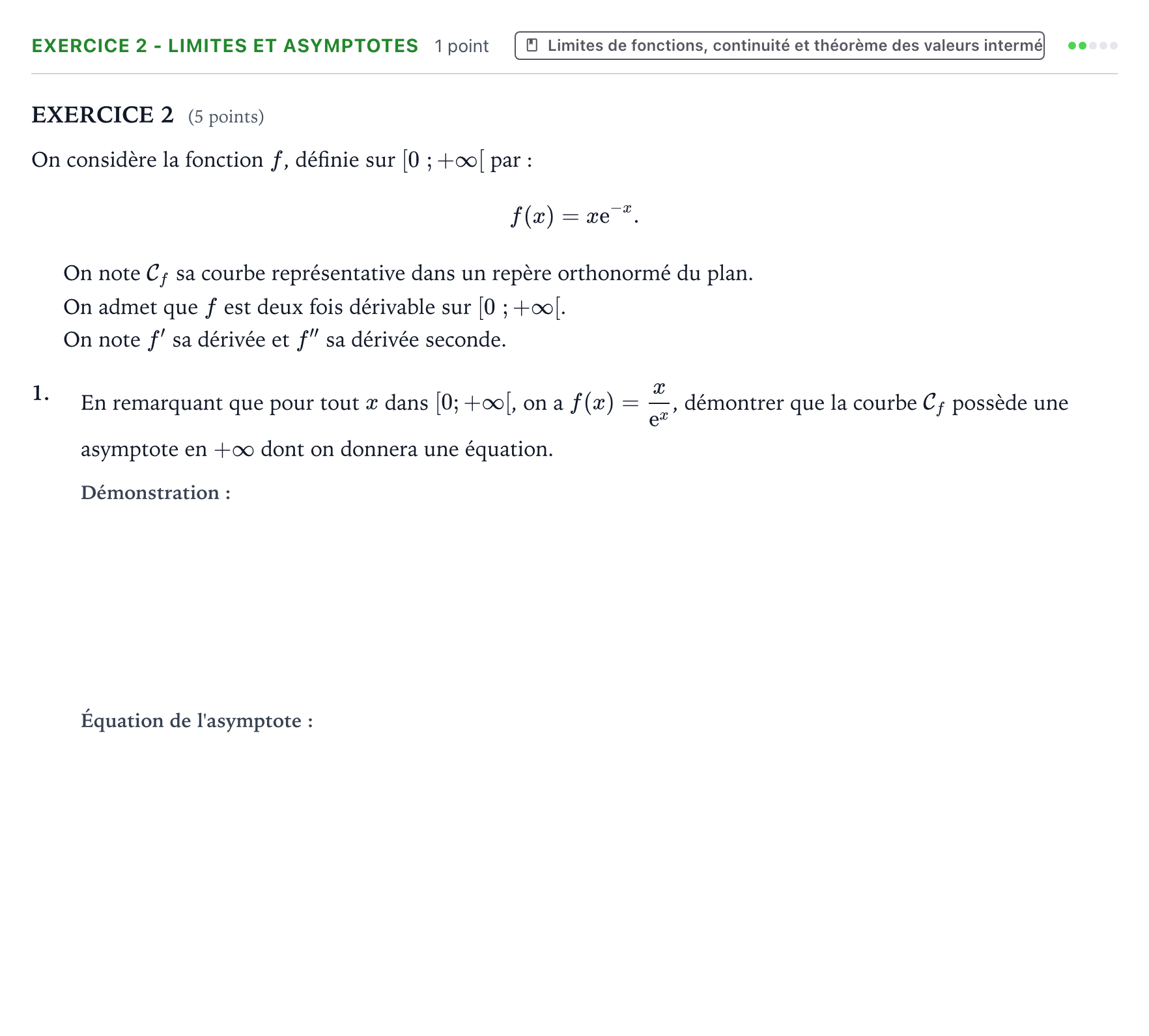 Énoncé: Exercice 2 - Limites et asymptotes · Bac Mathématiques Nouvelle-Calédonie 2023 (jour 2)