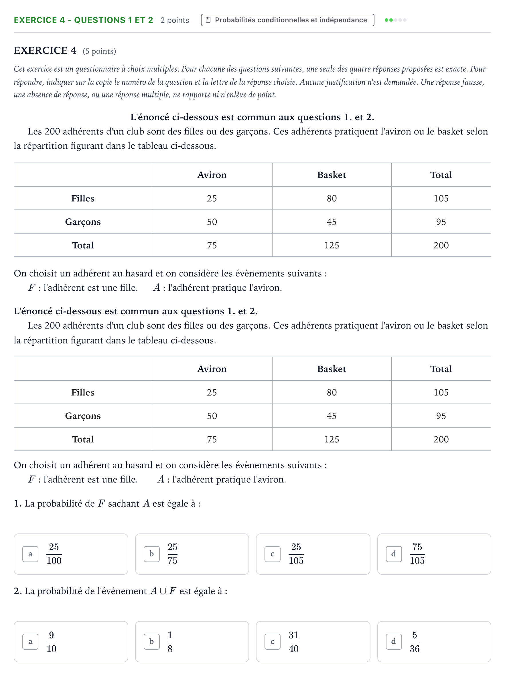 Énoncé: Exercice 4 - Questions 1 et 2 · Bac Mathématiques Nouvelle-Calédonie 2023 (jour 2)