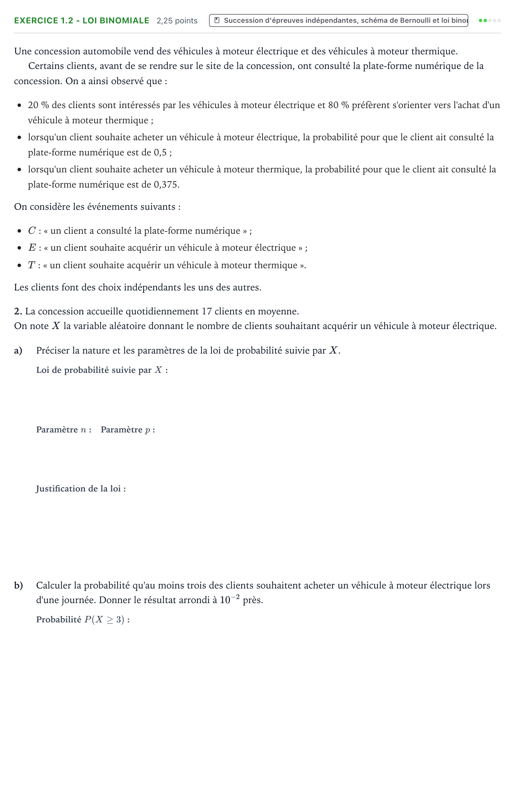 Énoncé: Exercice 1.2 - Loi binomiale · Bac Mathématiques Polynésie jour 1 - Remplacement 2023