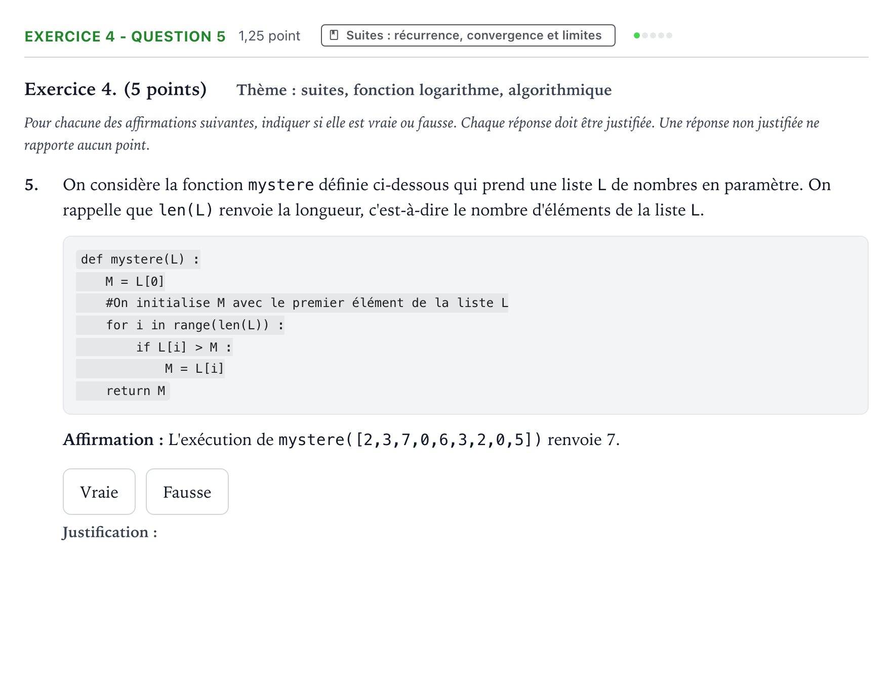 Énoncé: Exercice 4 - Question 5 · Bac Mathématiques Polynésie 2023 (jour 2)