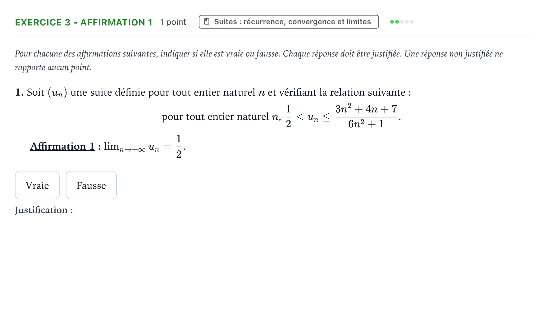 Énoncé: Exercice 3 - Affirmation 1 · Bac Mathématiques Asie 2024 (jour 2)