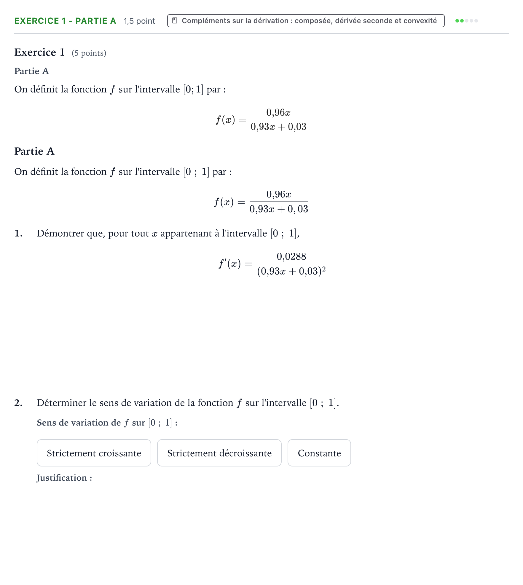 Énoncé: Exercice 1 - Partie A · Bac Mathématiques Centres étrangers (Afrique) 2024 (jour 1)