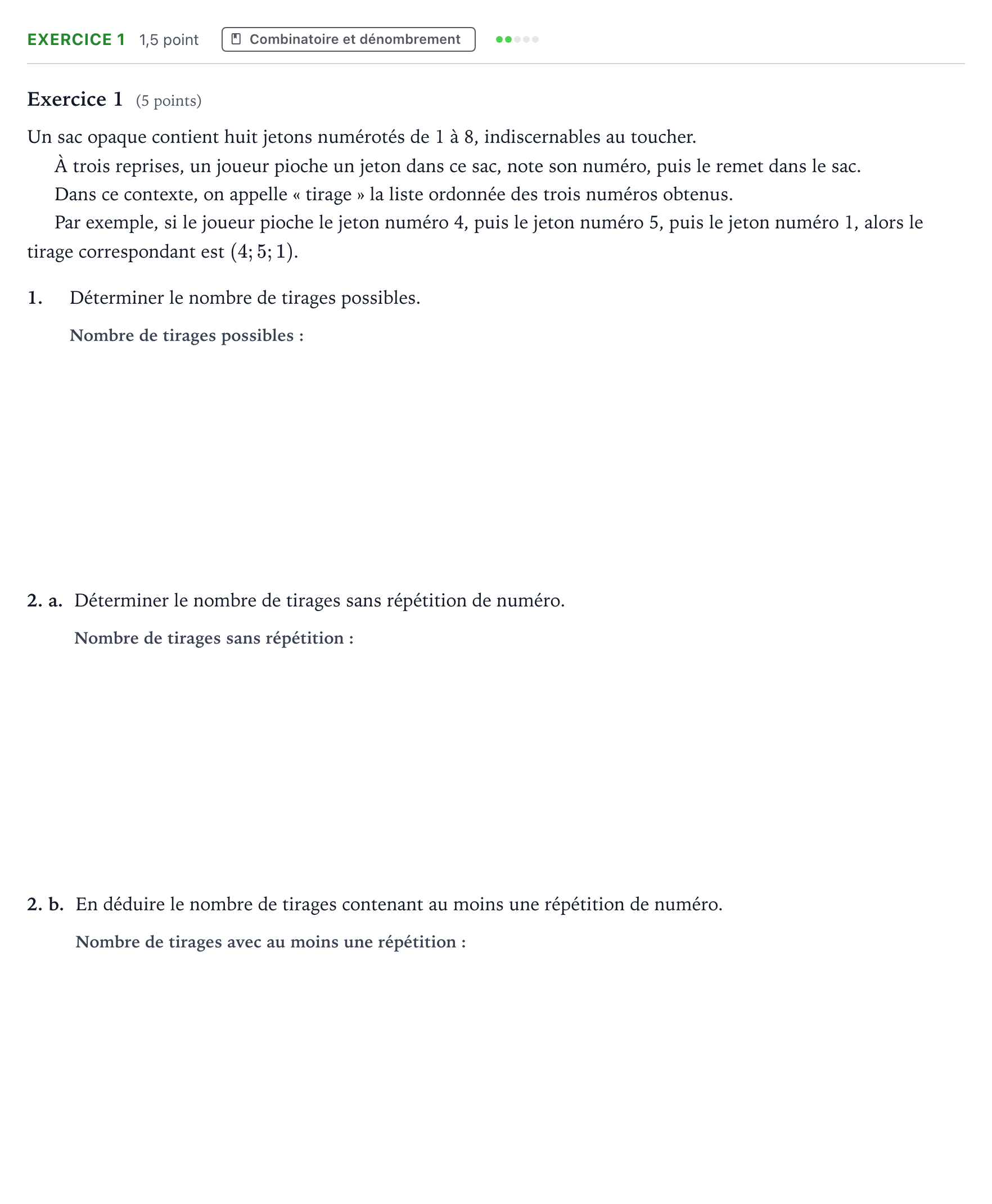 Énoncé: Exercice 1 - Combinatoire et dénombrement · Bac Mathématiques Centres étrangers (Afrique) 2024 (jour 2)