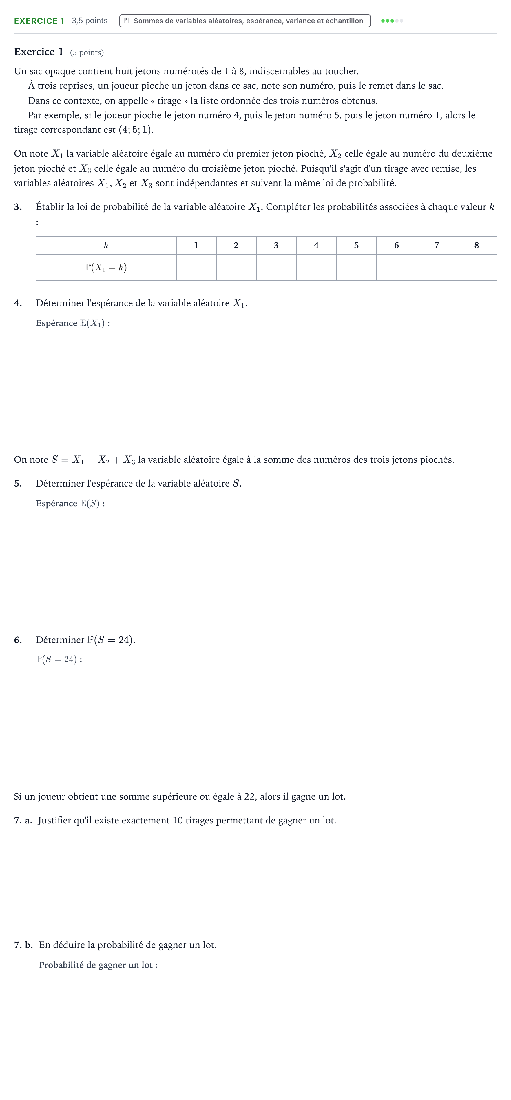 Énoncé: Exercice 1 - Sommes de variables aléatoires · Bac Mathématiques Centres étrangers (Afrique) 2024 (jour 2)