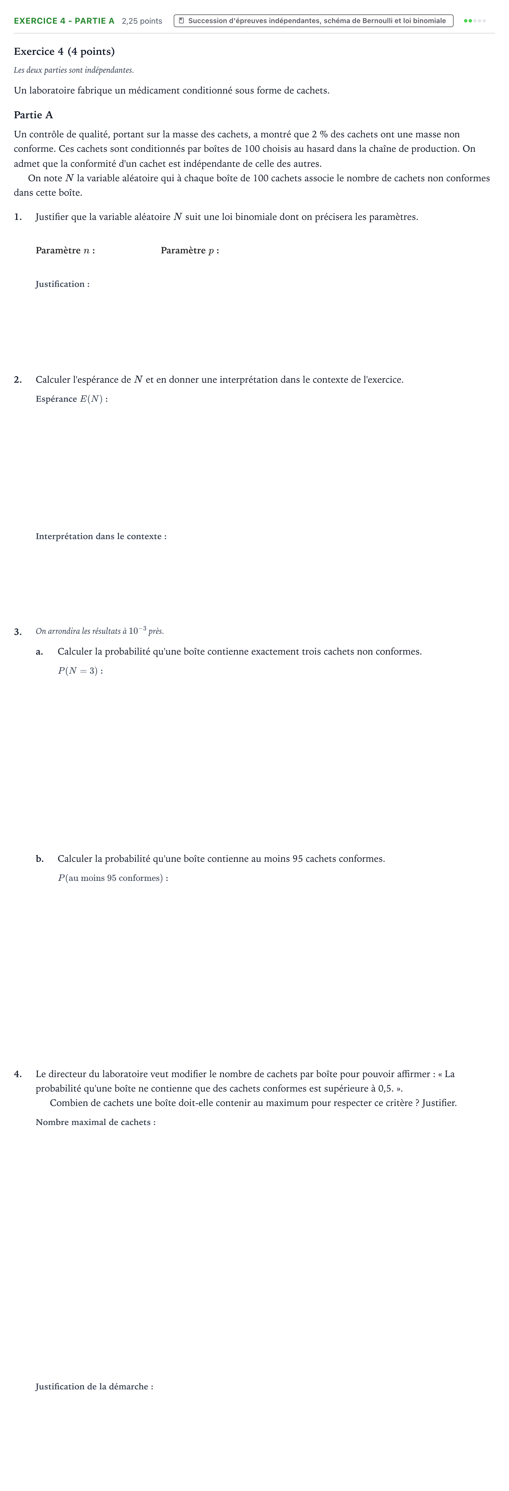 Énoncé: Exercice 4 - Partie A · Bac Mathématiques Métropole 1 remplacement 2024