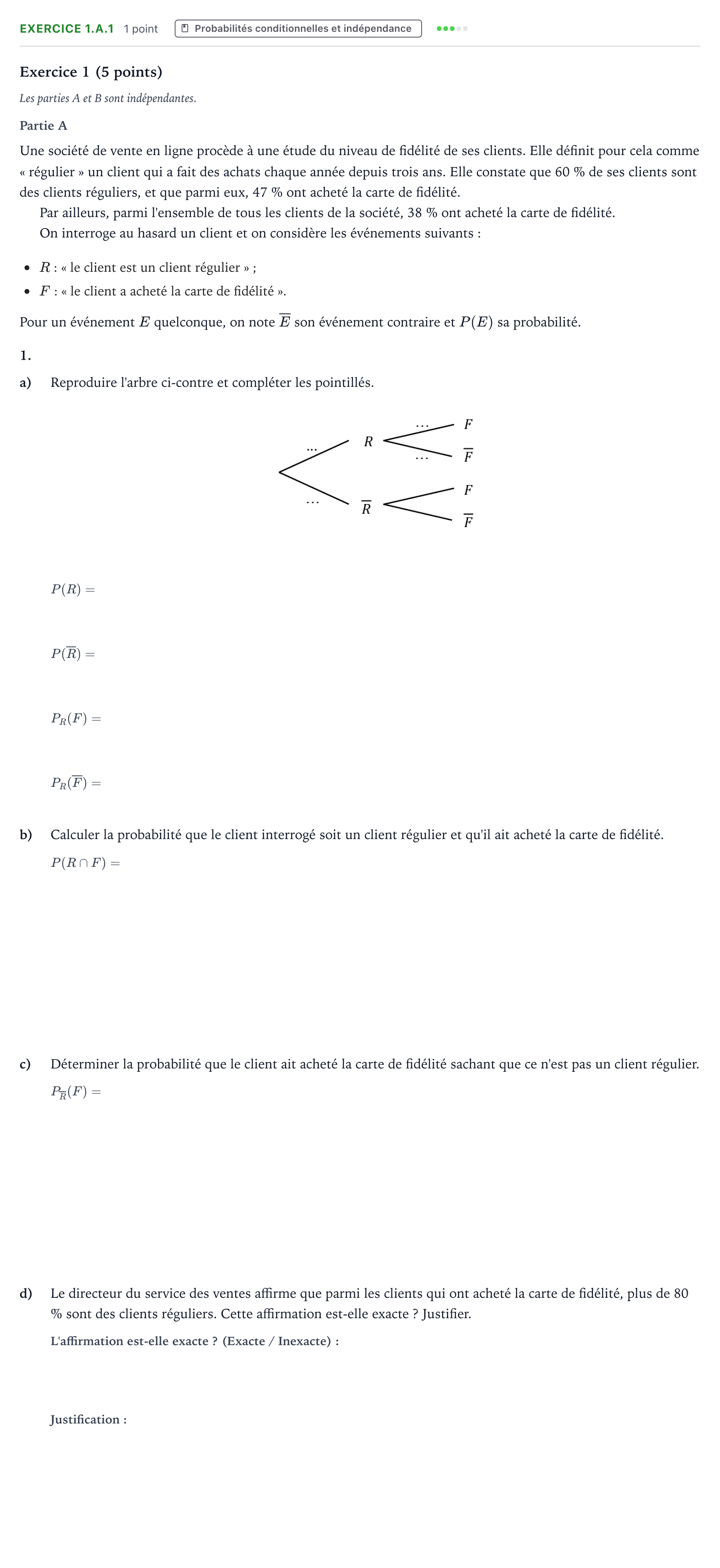 Énoncé: Exercice 1.A.1 - Probabilités conditionnelles · Bac Mathématiques Métropole 2 Bis 2024