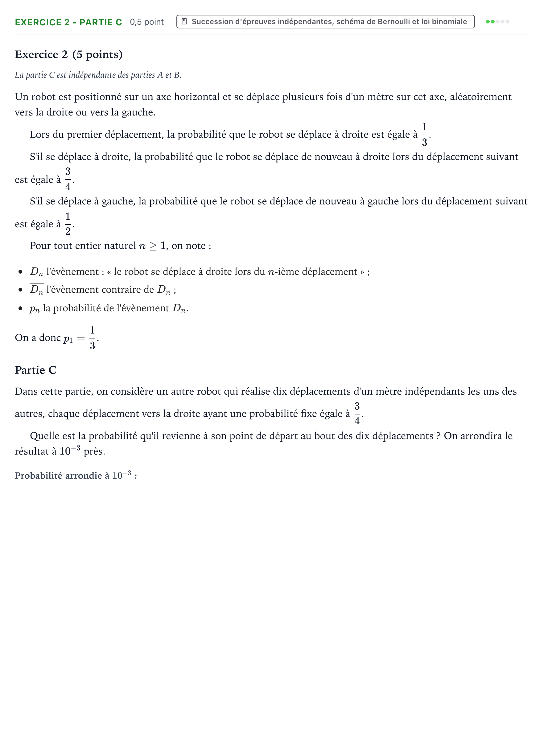 Énoncé: Exercice 2 - Partie C · Bac Mathématiques Métropole 2 remplacement 2024