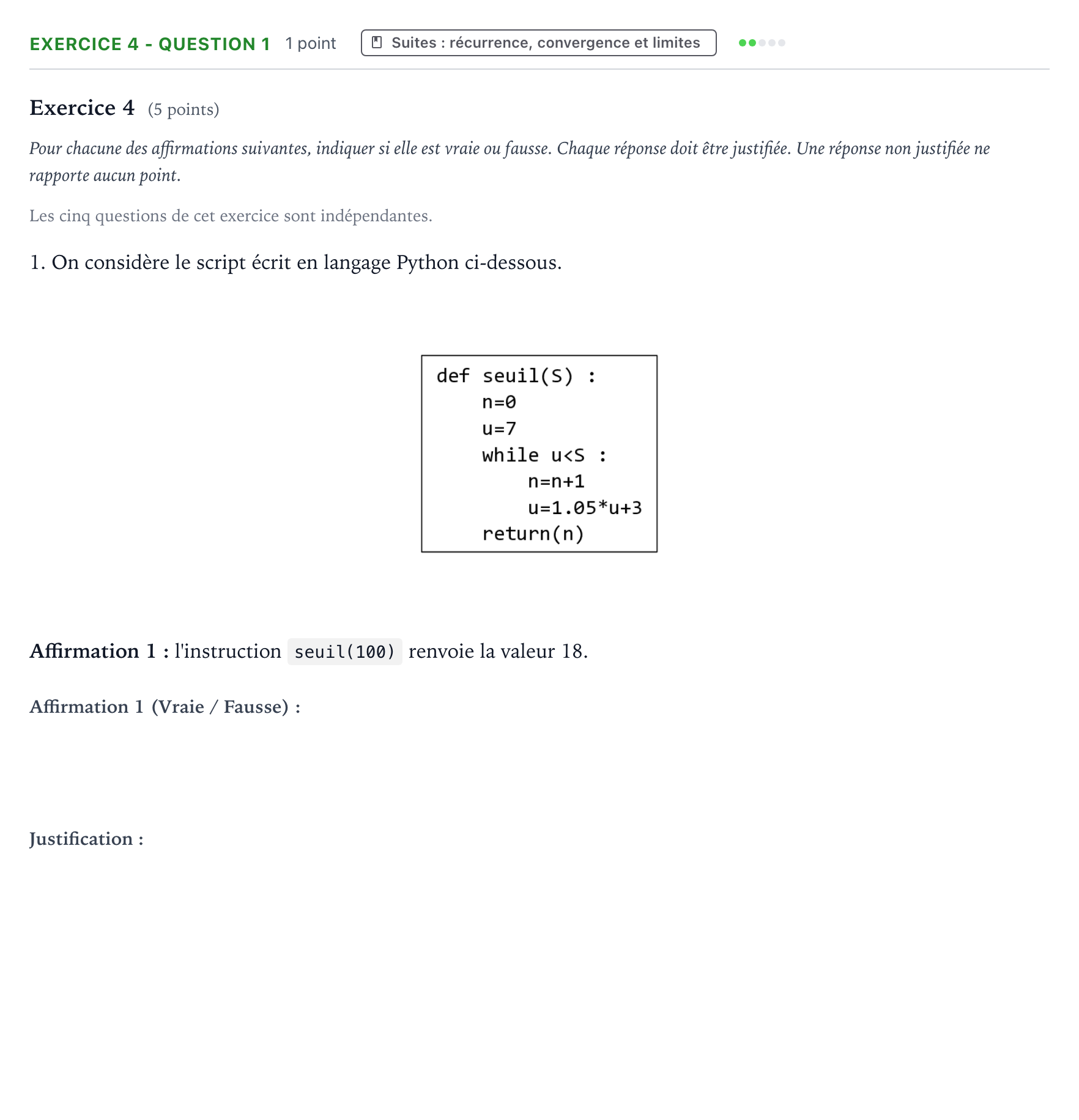 Énoncé: Exercice 4 - Question 1 · Bac Mathématiques Métropole 2 remplacement 2024