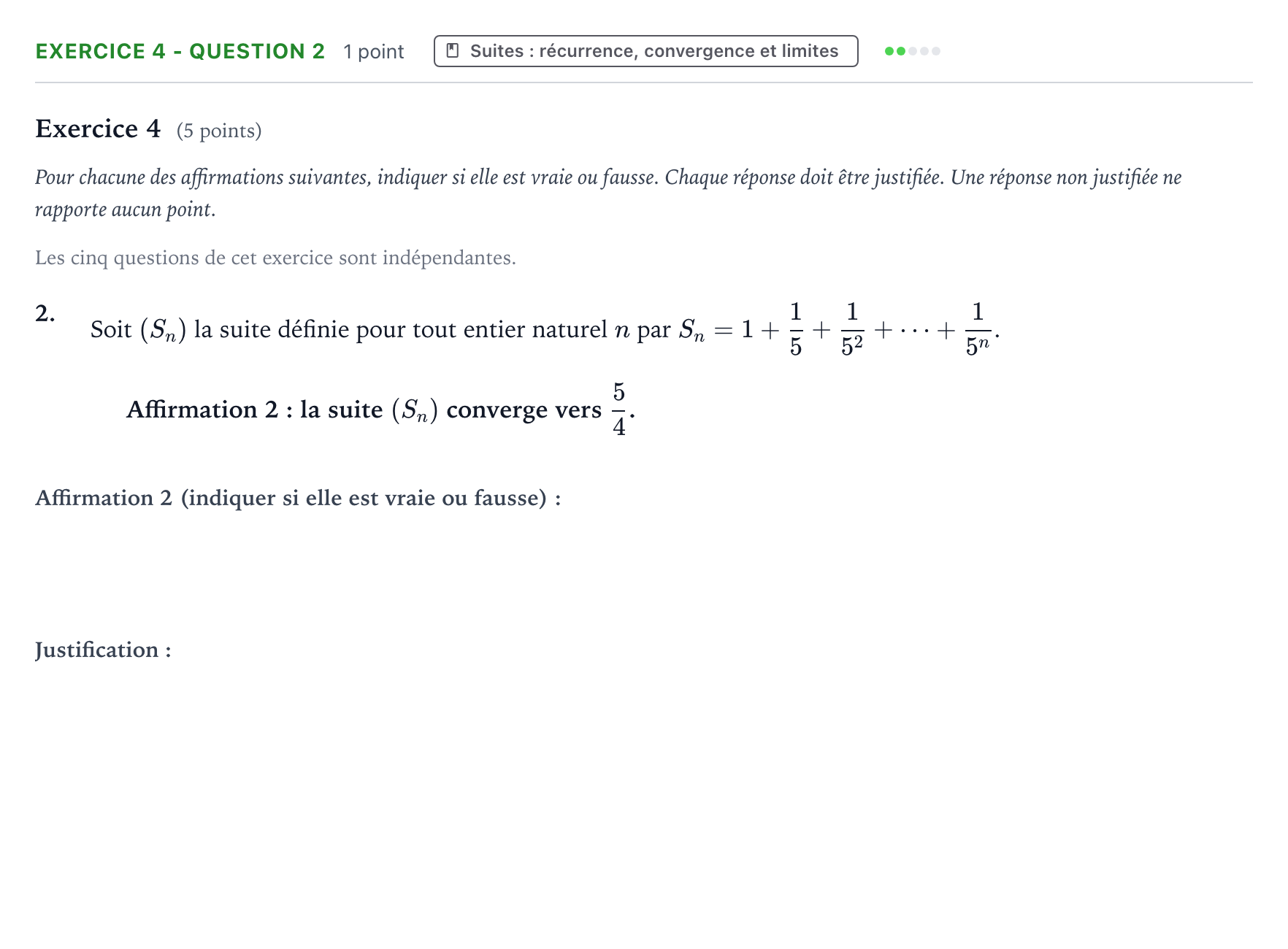 Énoncé: Exercice 4 - Question 2 · Bac Mathématiques Métropole 2 remplacement 2024