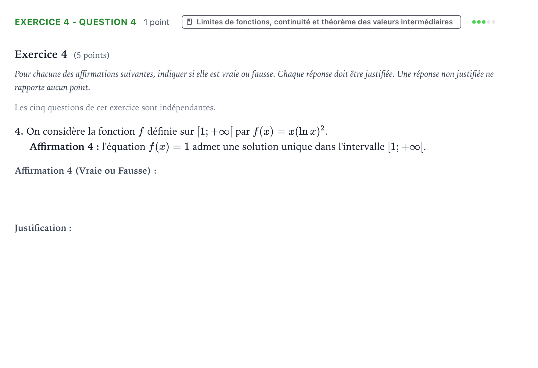 Énoncé: Exercice 4 - Question 4 · Bac Mathématiques Métropole 2 remplacement 2024