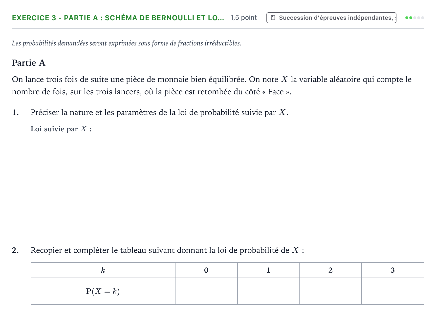Énoncé: Exercice 3 - Partie A : Schéma de Bernoulli et lo… · Bac Mathématiques Polynésie 2024 (jour 1)