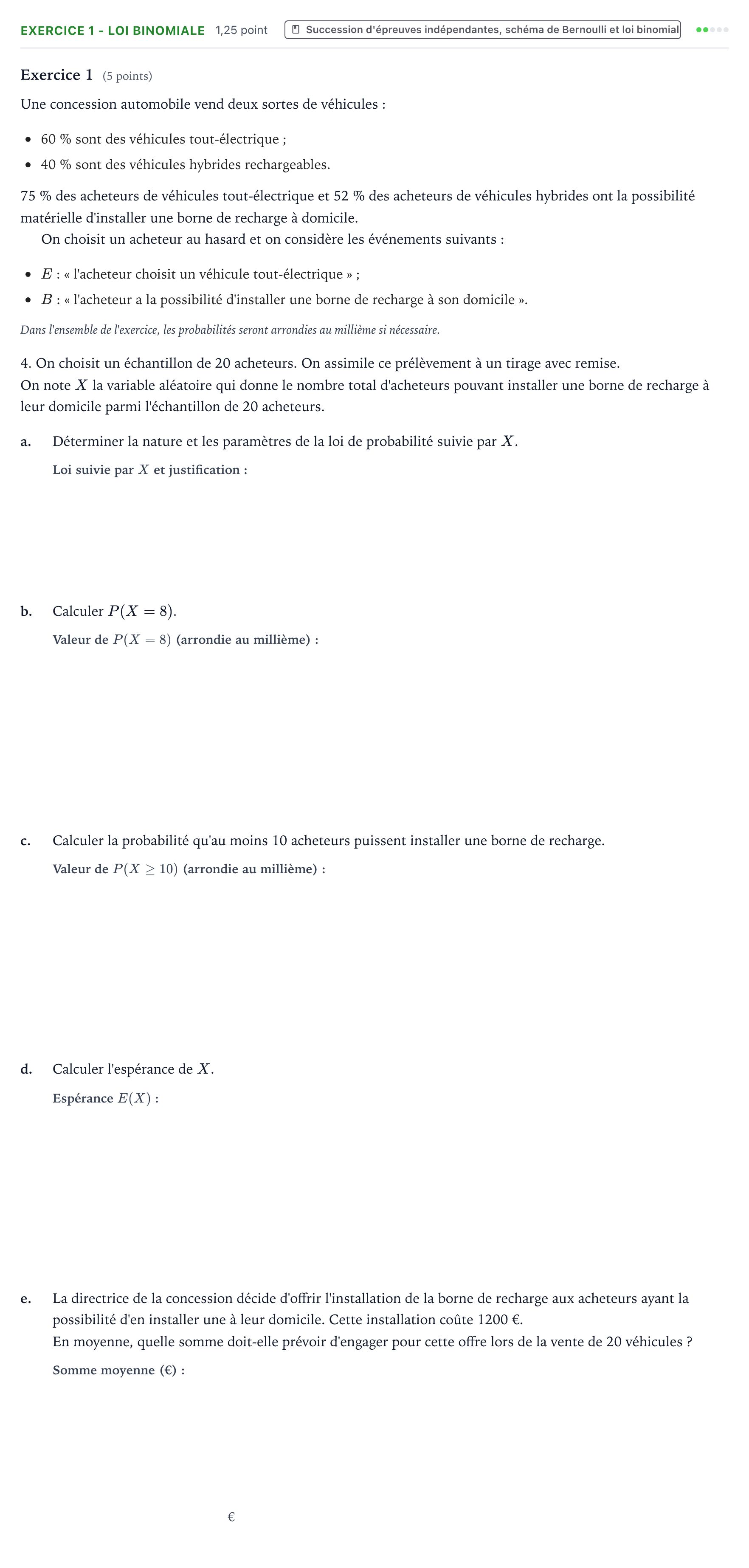 Énoncé: Exercice 1 - Loi binomiale · Bac Mathématiques Polynésie jour 1 - Remplacement 2024