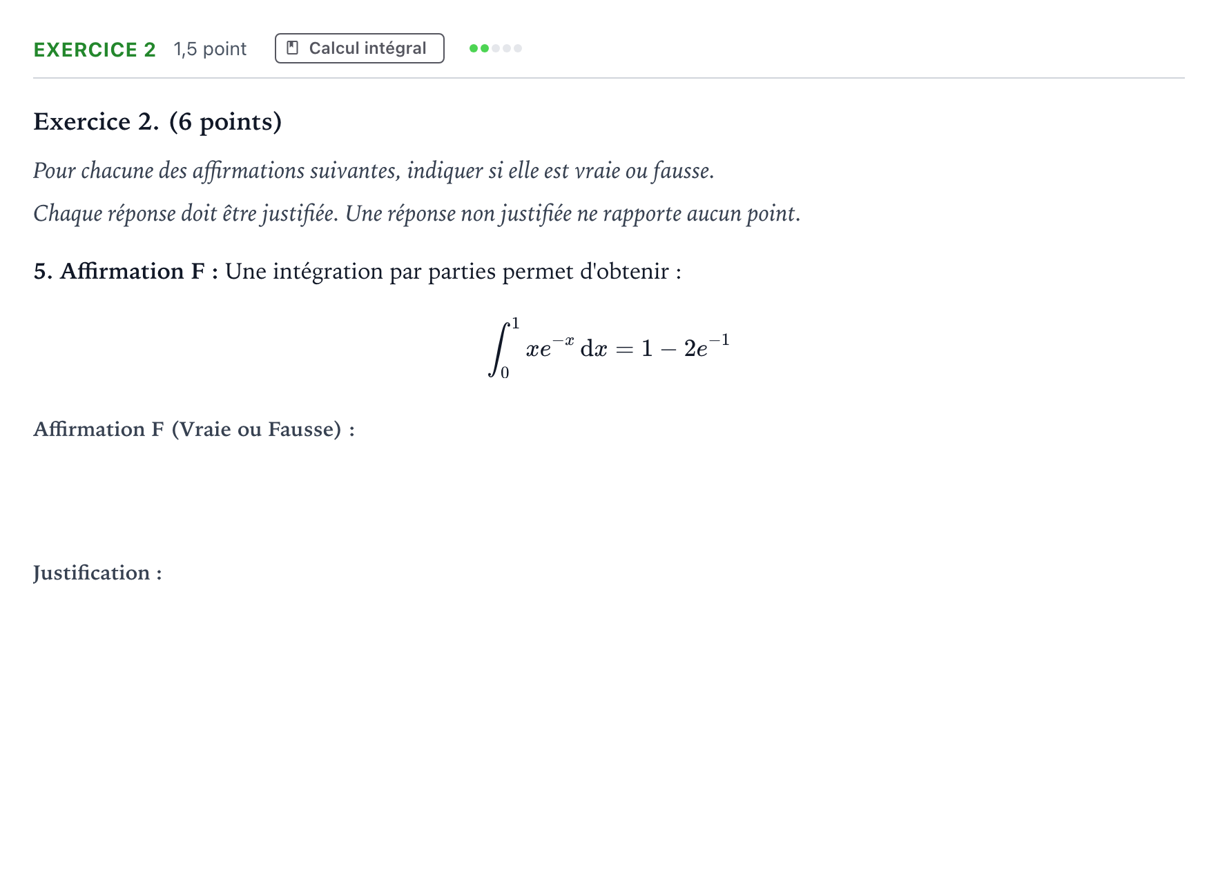Énoncé: Exercice 2 - Calcul intégral · Bac Mathématiques Polynésie jour 1 - Remplacement 2024