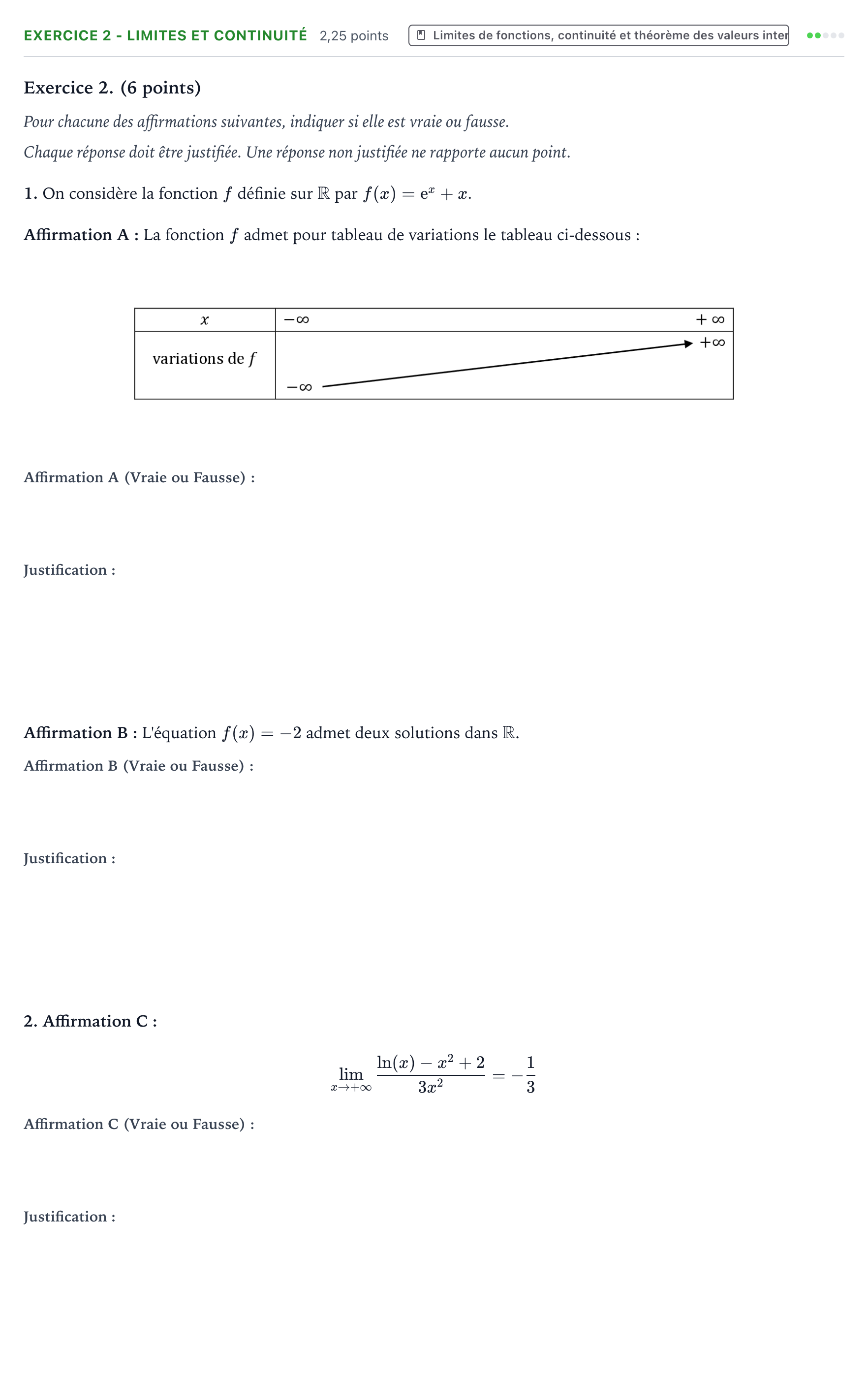 Énoncé: Exercice 2 - Limites et continuité · Bac Mathématiques Polynésie jour 1 - Remplacement 2024