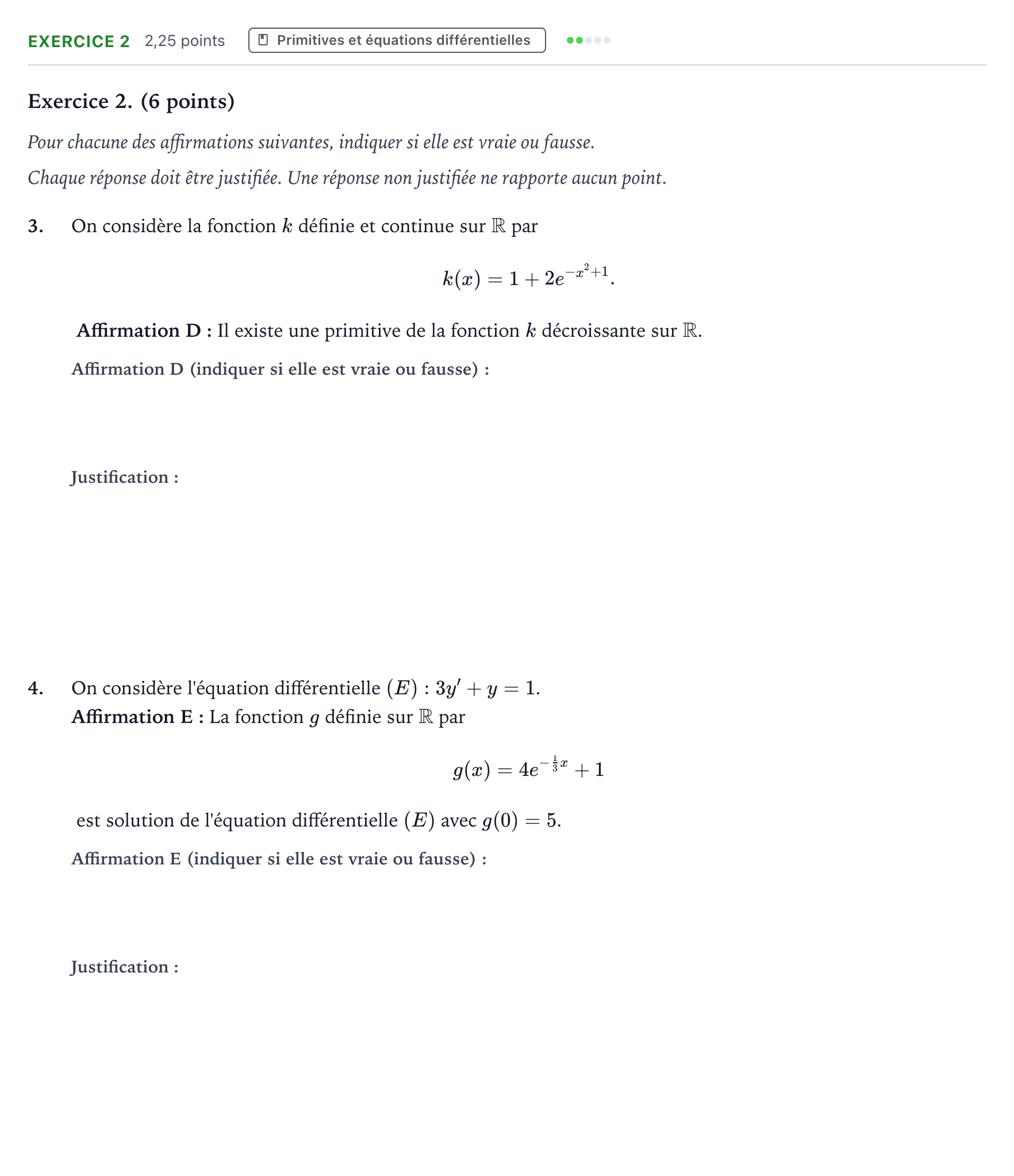 Énoncé: Exercice 2 - Primitives et équations différentiel… · Bac Mathématiques Polynésie jour 1 - Remplacement 2024