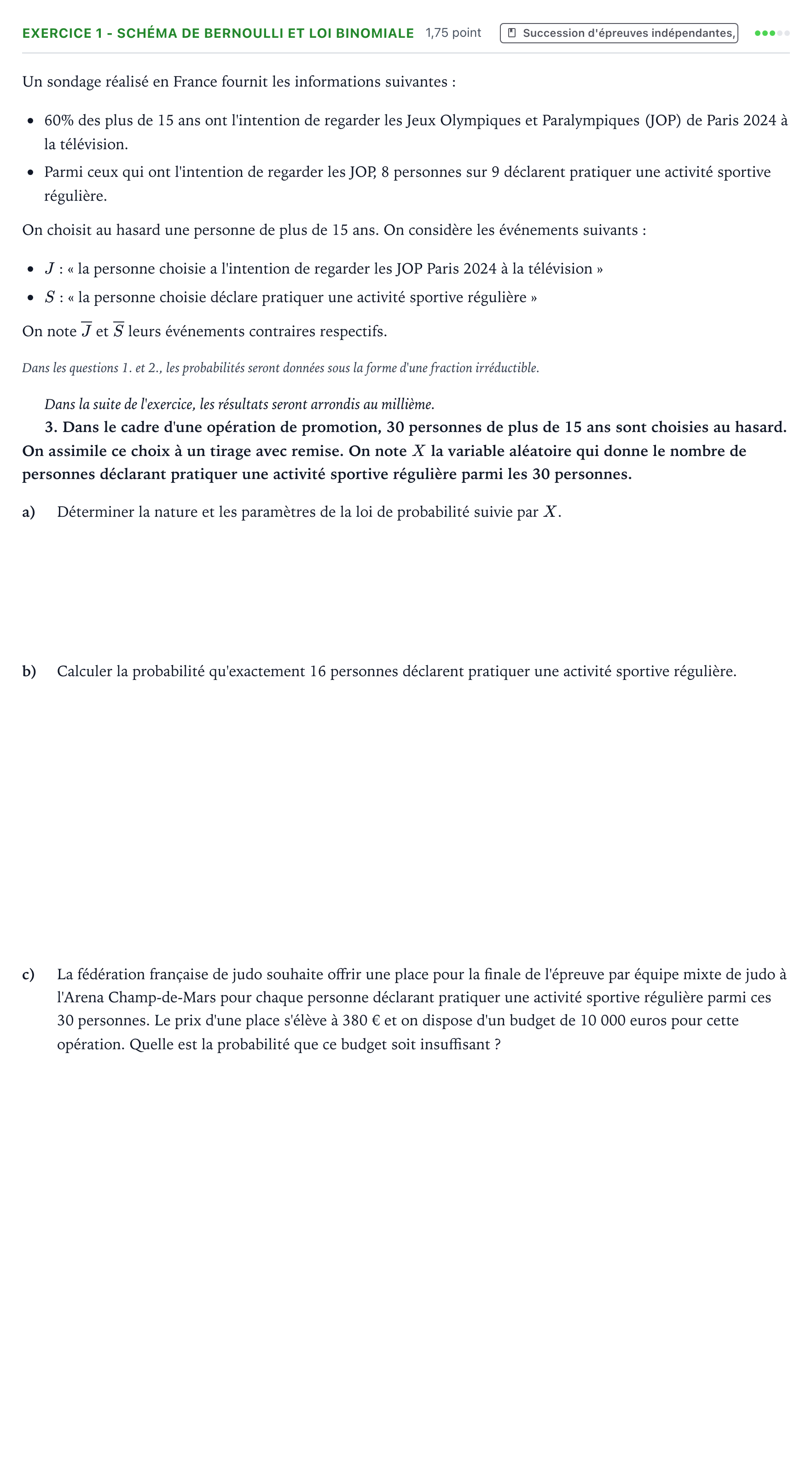 Énoncé: Exercice 1 - Schéma de Bernoulli et loi binomiale · Bac Mathématiques Polynésie 2024 (jour 2)