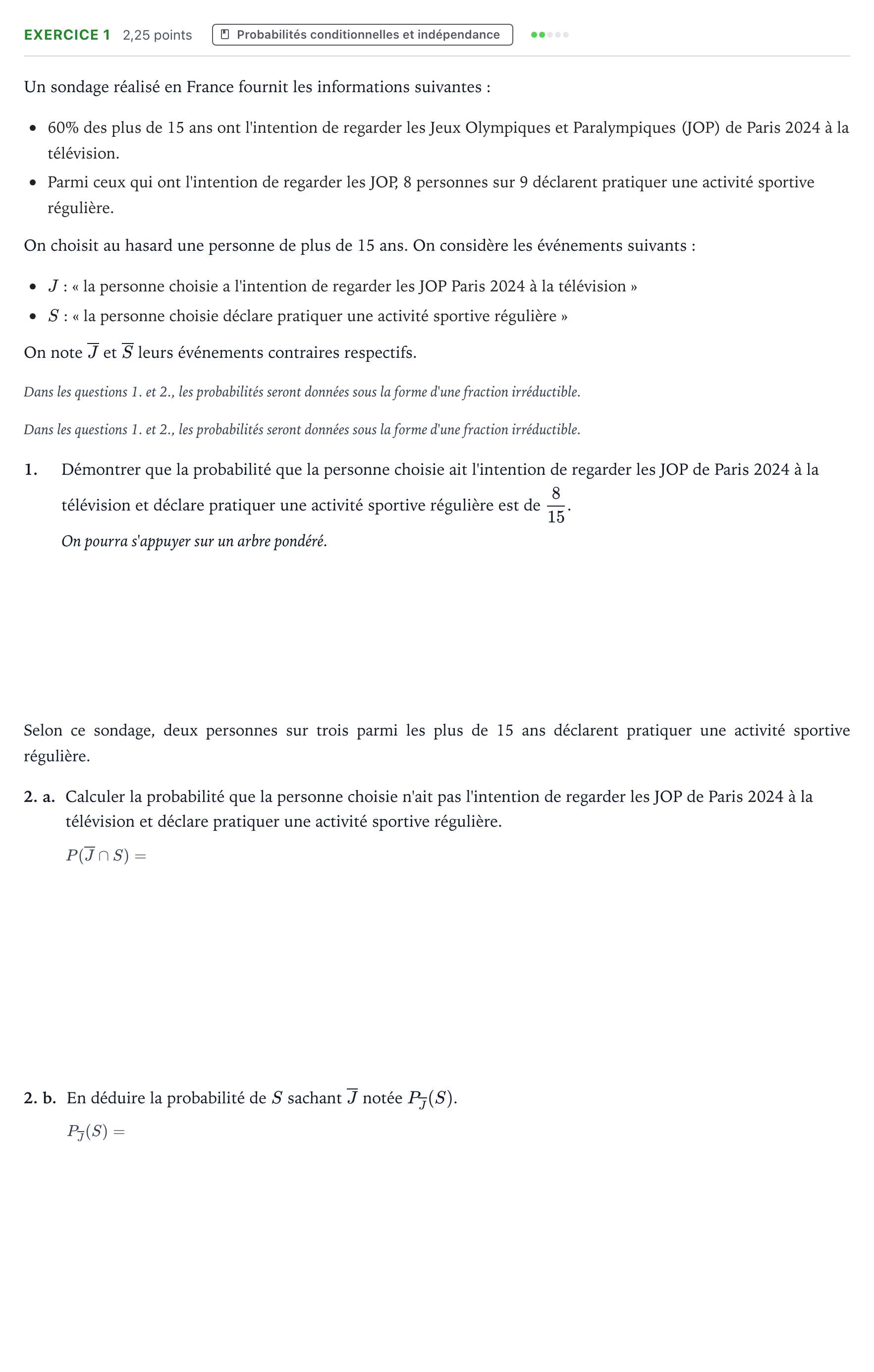 Énoncé: Exercice 1 - Probabilités conditionnelles · Bac Mathématiques Polynésie 2024 (jour 2)