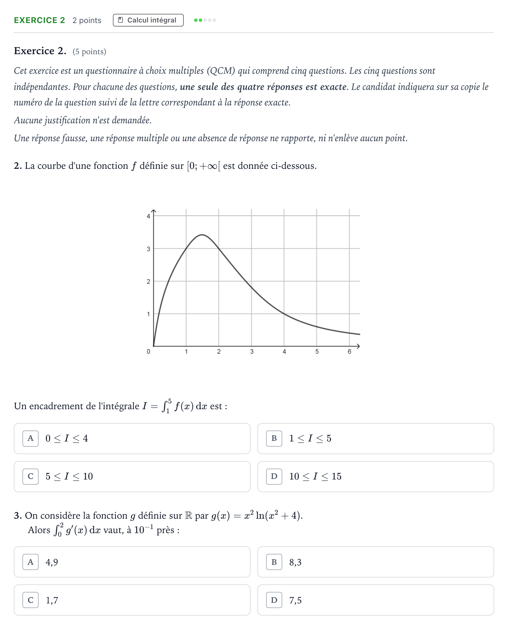 Énoncé: Exercice 2 - Calcul intégral · Bac Mathématiques Polynésie 2024 (jour 2)