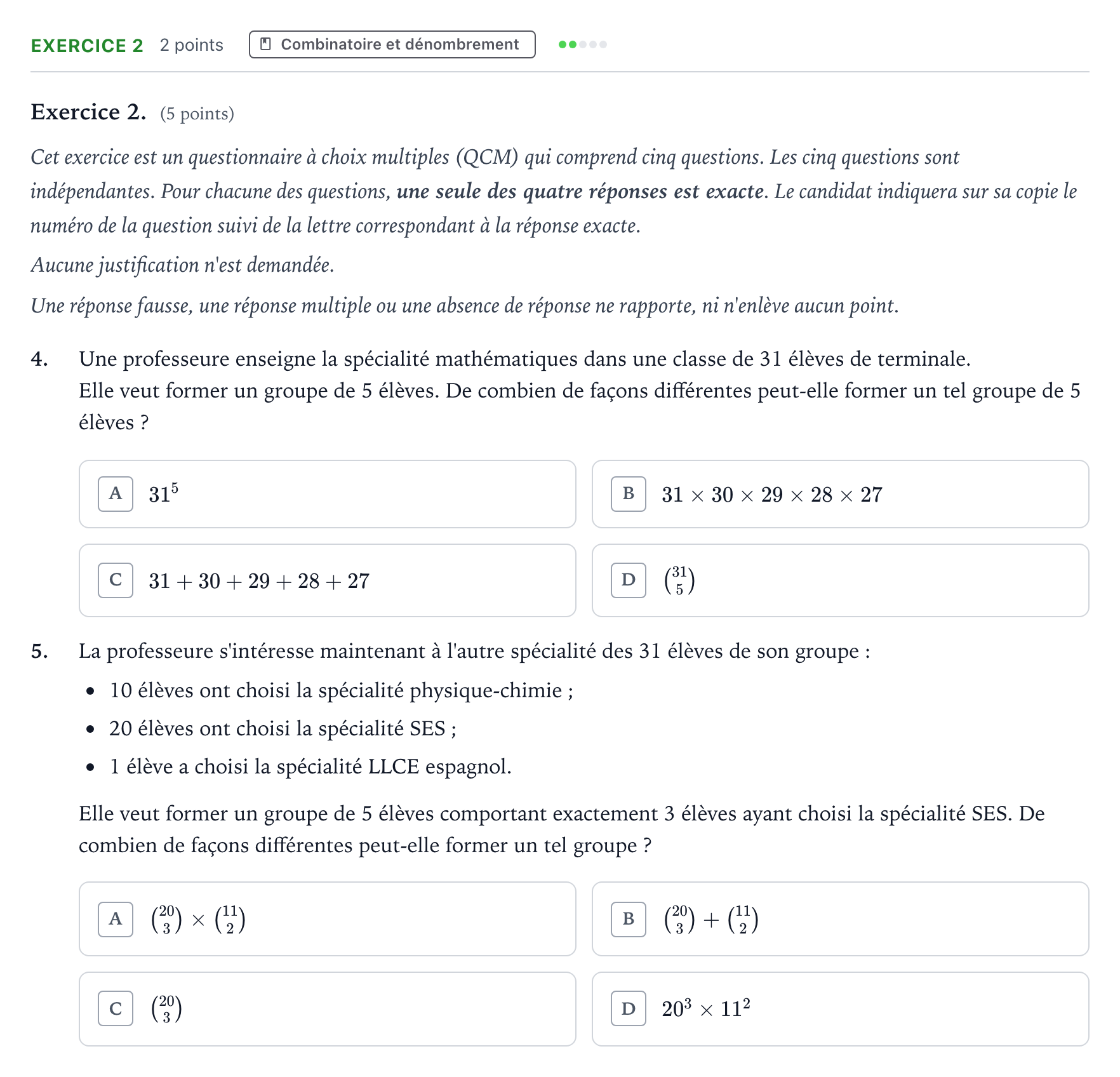 Énoncé: Exercice 2 - Combinatoire et dénombrement · Bac Mathématiques Polynésie 2024 (jour 2)