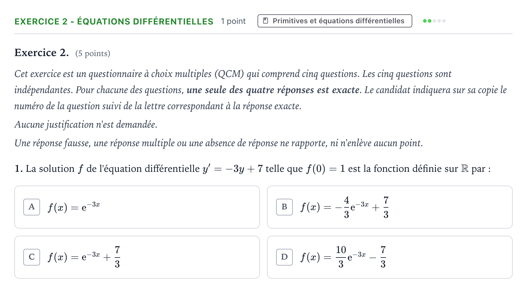 Énoncé: Exercice 2 - Équations différentielles · Bac Mathématiques Polynésie 2024 (jour 2)