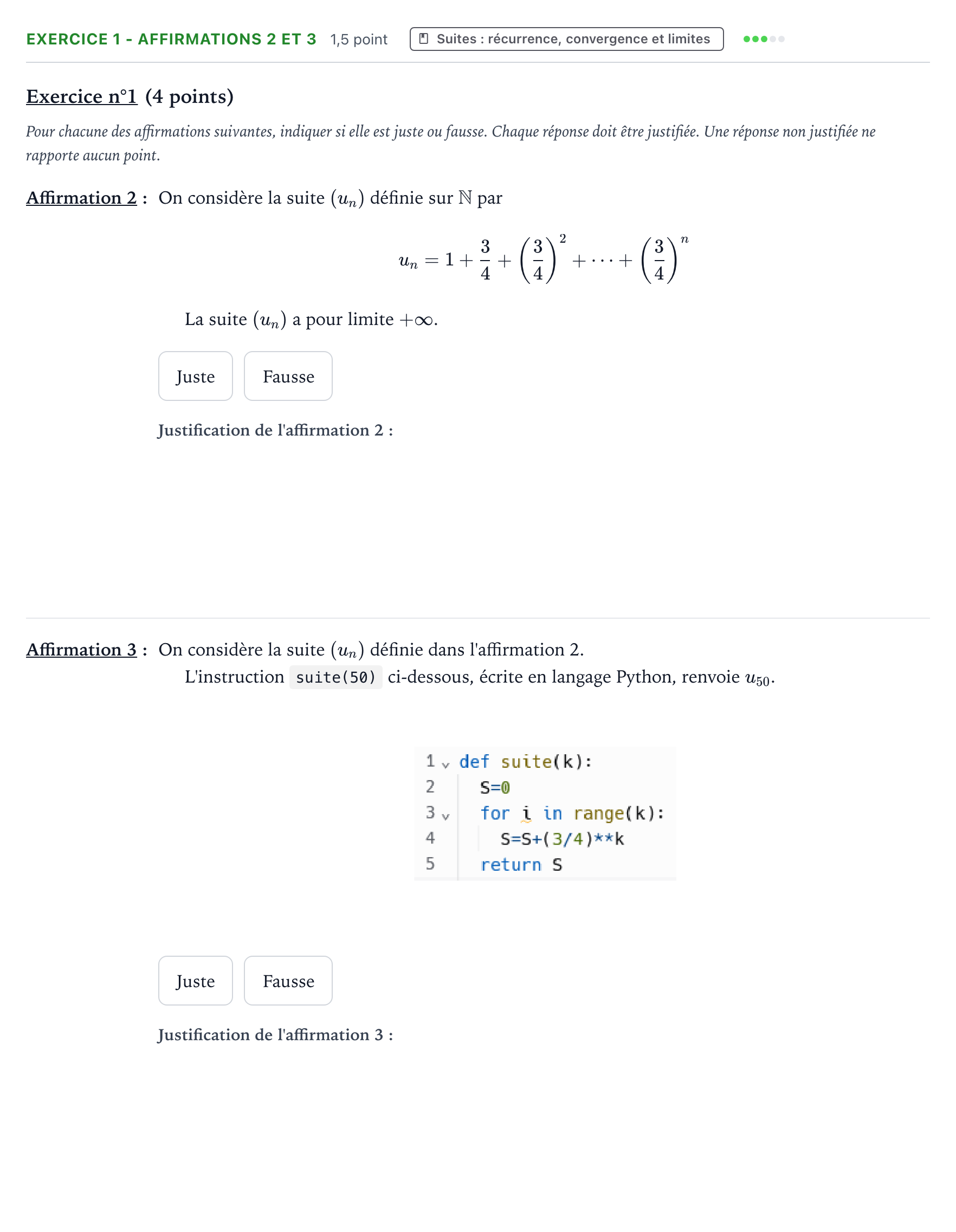Énoncé: Exercice 1 - Affirmations 2 et 3 · Bac Mathématiques Suède 2024 (jour 2)