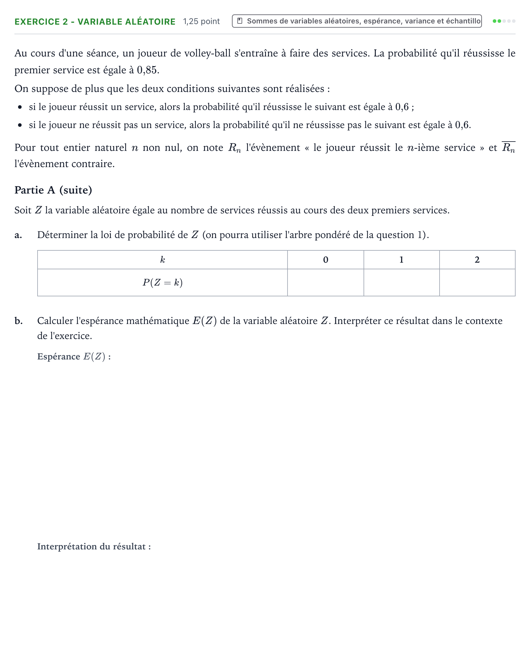 Énoncé: Exercice 2 - Variable aléatoire · Bac Mathématiques Suède 2024 (jour 2)