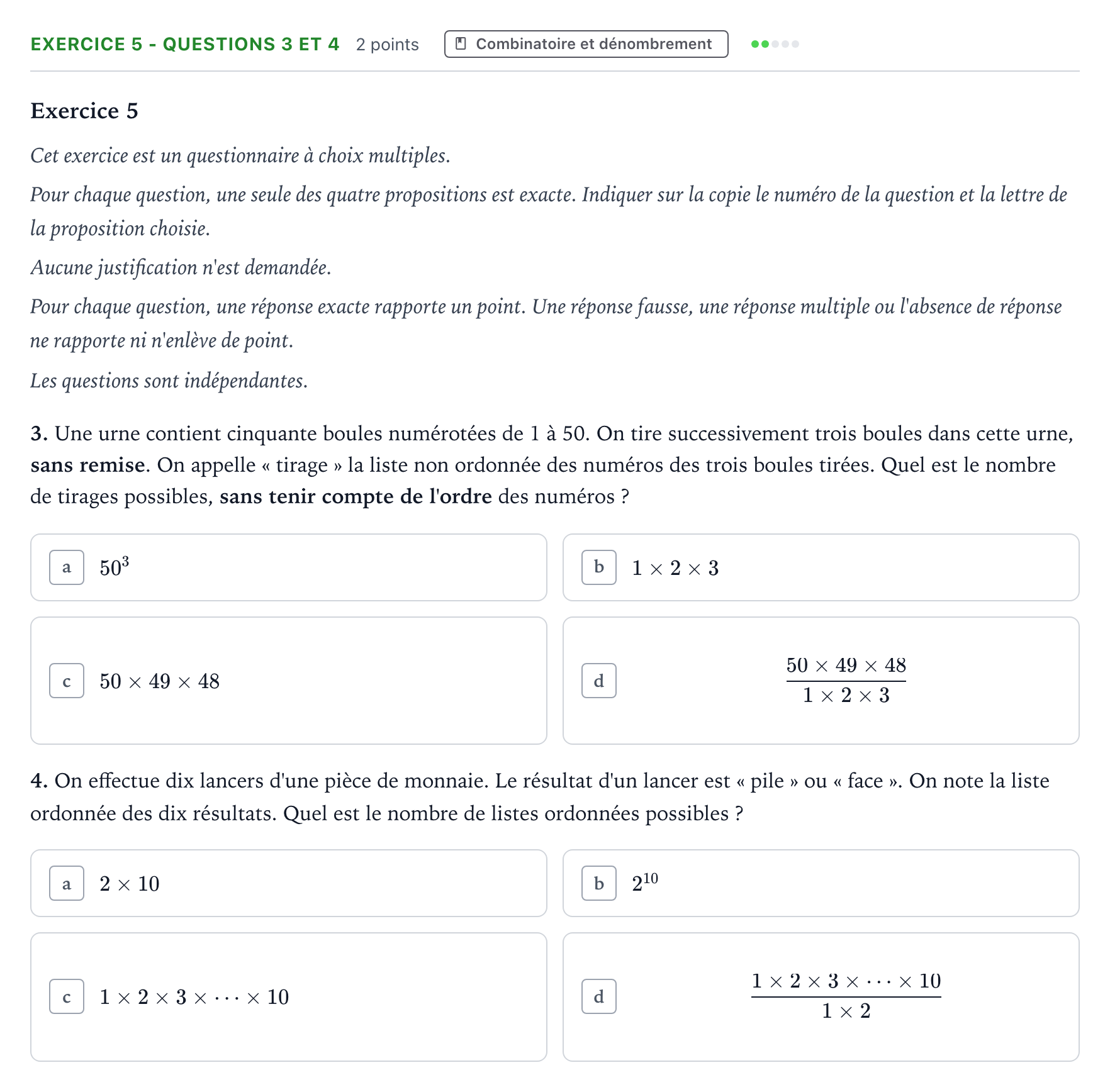 Énoncé: Exercice 5 - Questions 3 et 4 · Bac Mathématiques Sujets zéro et spécimens sujet 2024 (sujet 1)