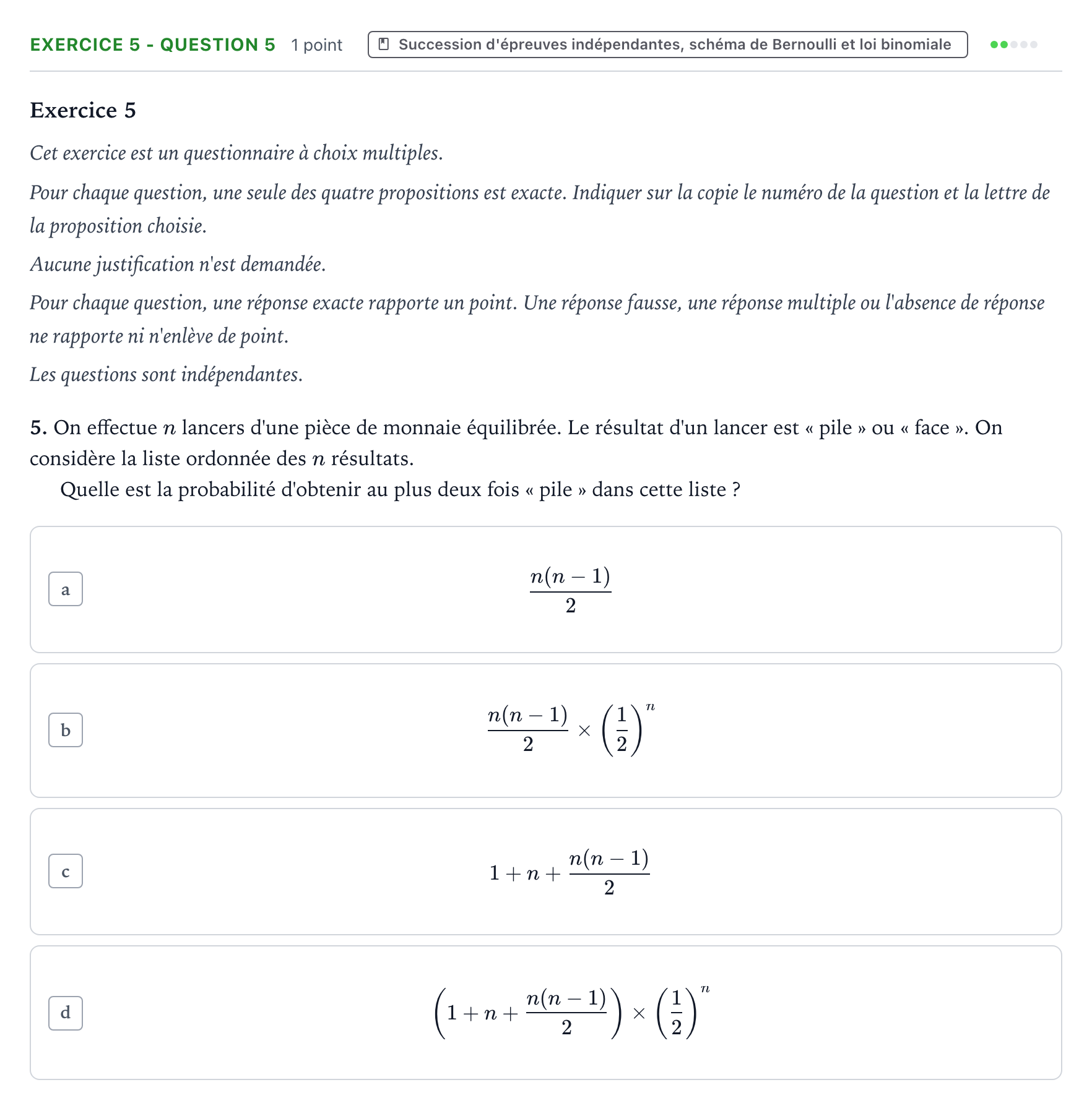 Énoncé: Exercice 5 - Question 5 · Bac Mathématiques Sujets zéro et spécimens sujet 2024 (sujet 1)