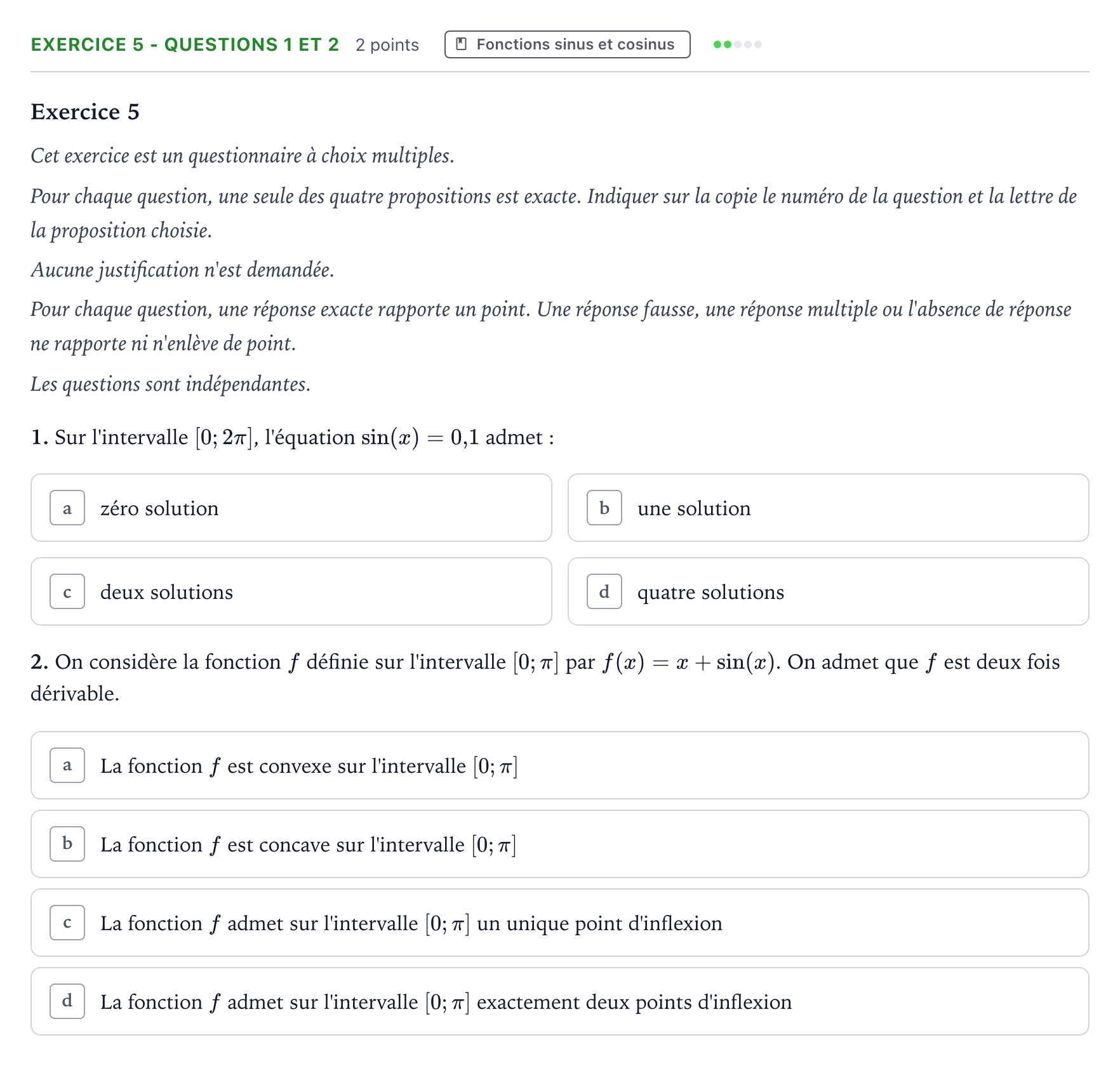 Énoncé: Exercice 5 - Questions 1 et 2 · Bac Mathématiques Sujets zéro et spécimens sujet 2024 (sujet 1)
