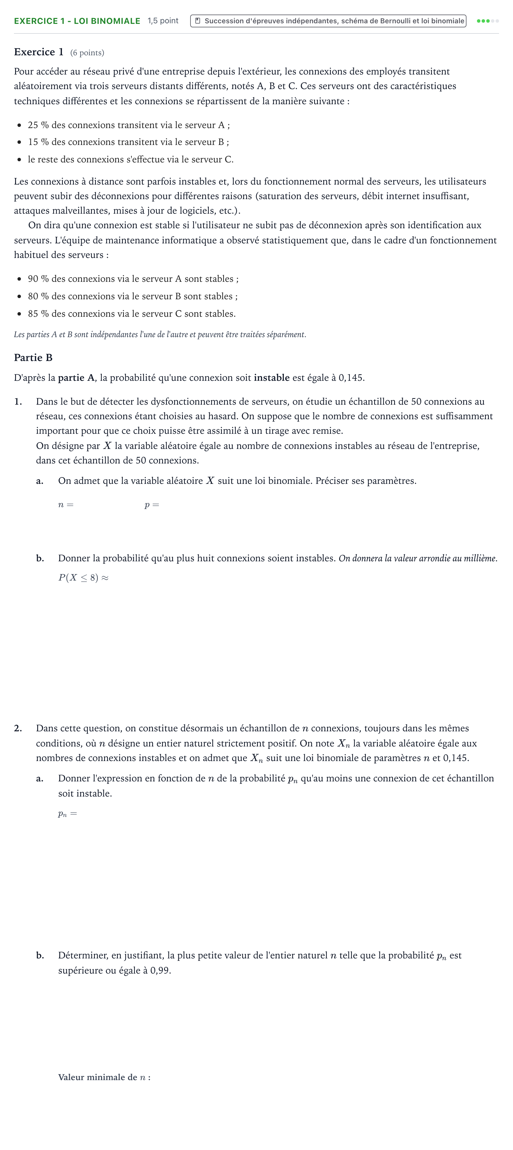 Énoncé: Exercice 1 - Loi binomiale · Bac Mathématiques Amérique du Nord 2025 (jour 1)