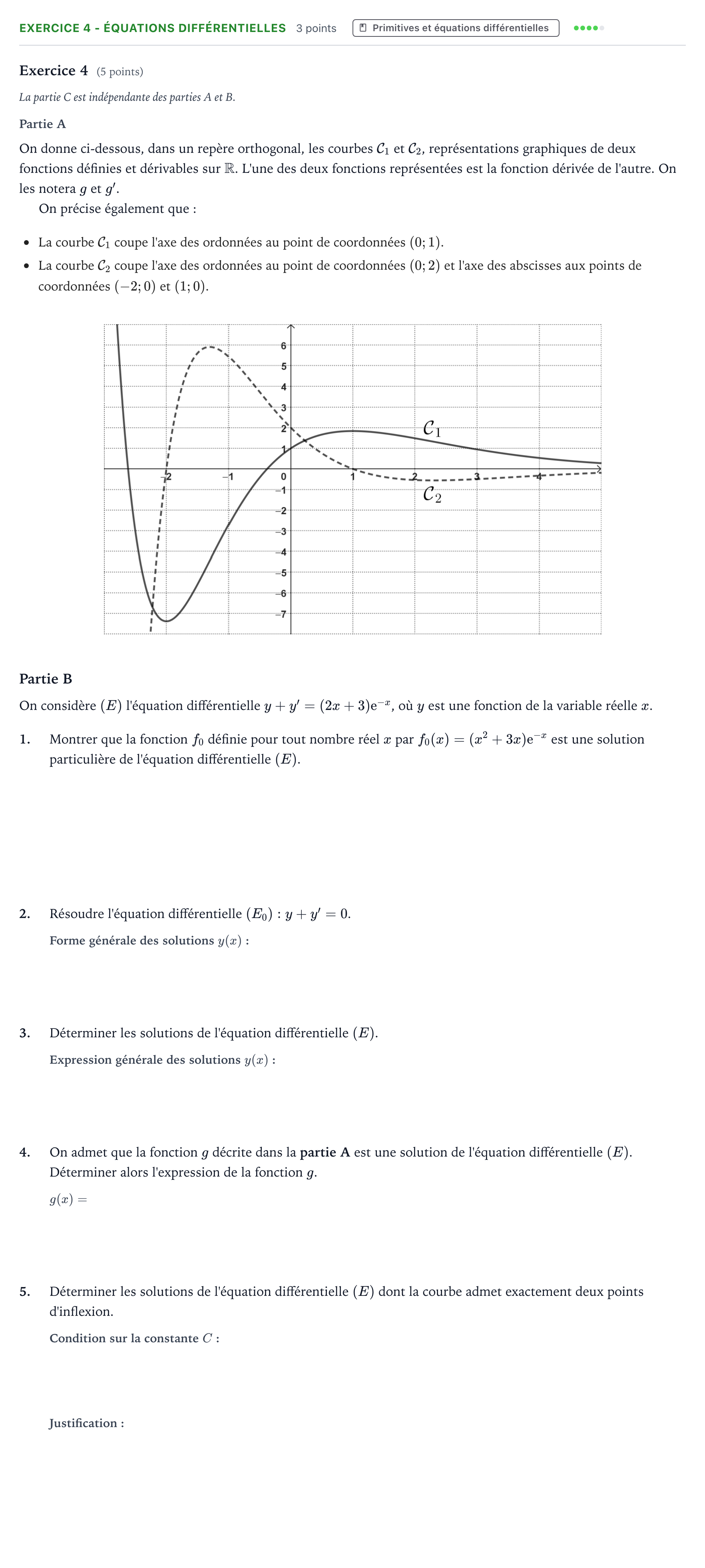 Énoncé: Exercice 4 - Équations différentielles · Bac Mathématiques Amérique du Nord 2025 (jour 1)